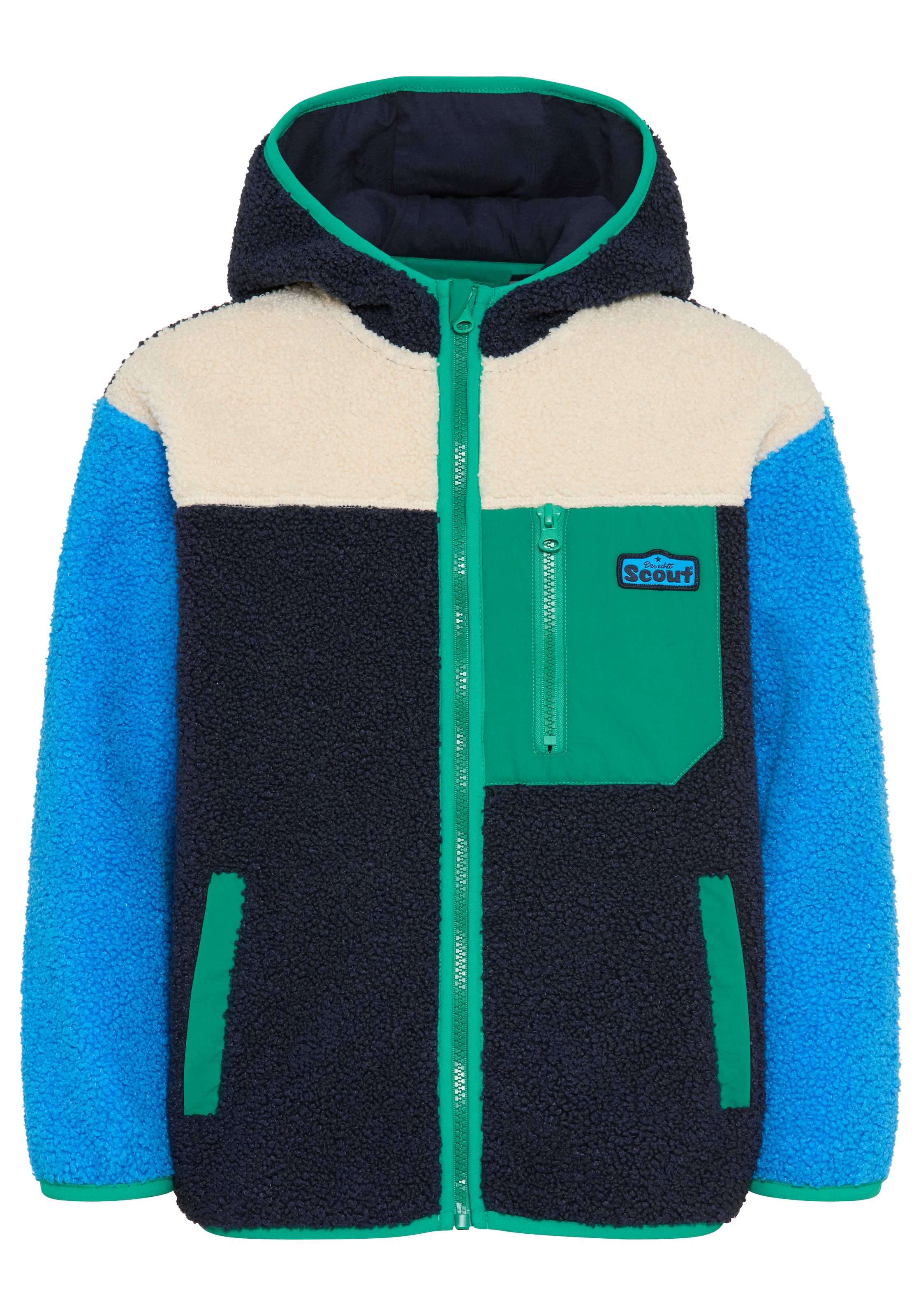 Scout Kapuzensweatjacke »Tedey-Fleecejacke Colorblocking - NEU von SCOUT« Teddyplüschjacke mit Kapuze und Stehkragen, hüftlanger Schnitt