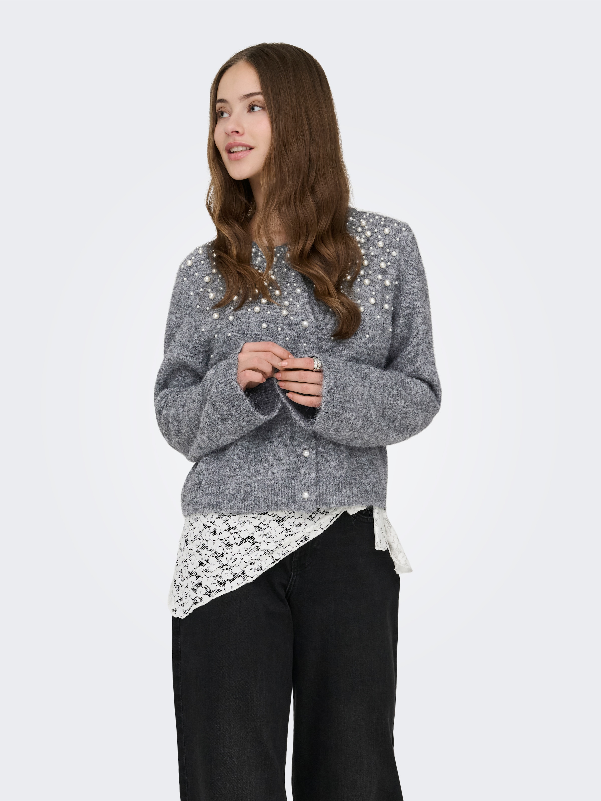 ONLY Strickjacke »ONLMIGGIE LS O-NECK PEARL CARDIGA EX KNT« Materialmix, regular fit