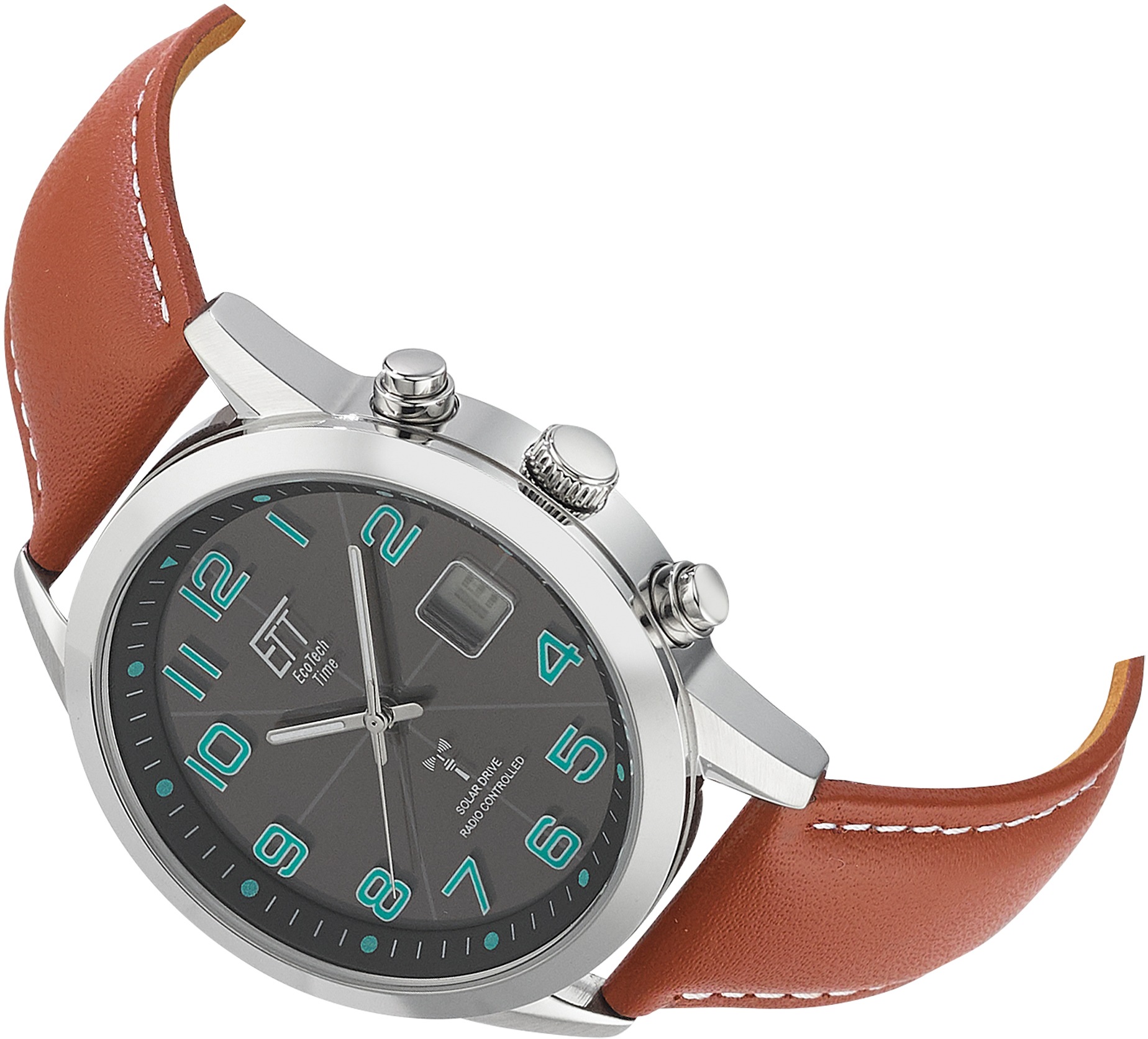 ETT Funkuhr »Basic«, Armbanduhr, Herrenuhr, Datum, Solar, Lederarmband