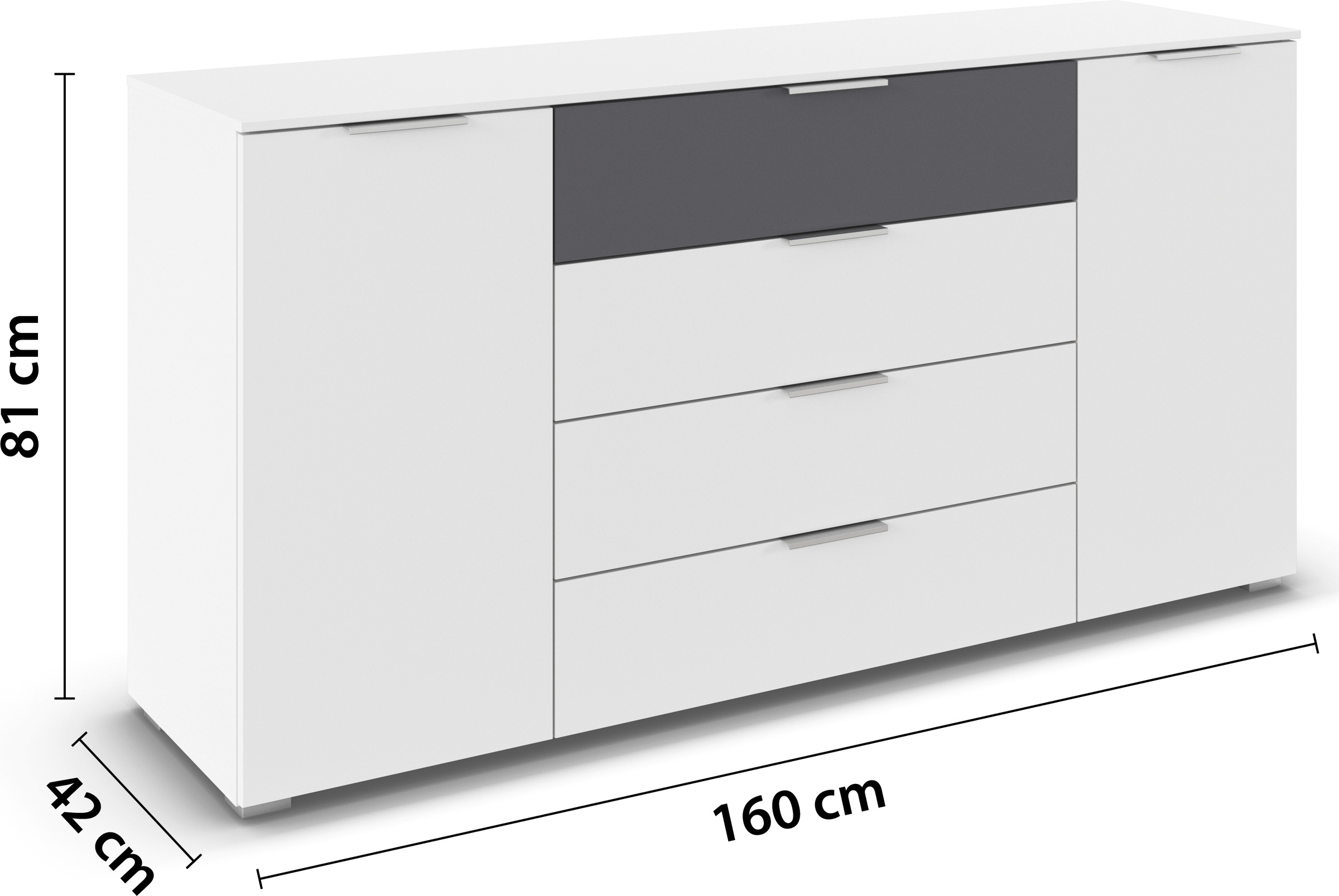 rauch Kombikommode »Sideboard Türkommode Schubladenkommode Kommode ASTANA« Breite 160 cm / Höhe 81 cm, mit 4 Einlegeböden,  2-türig, 4 geräumige Schubladen, Kantengriff Alufarben MADE IN GERMANY