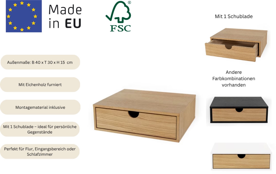Woodman Nachttisch »Farsta, Beistelltisch, Ablage mit Schublade«, Holzfurnier aus Eiche, Breite 40 cm, Wandmontage