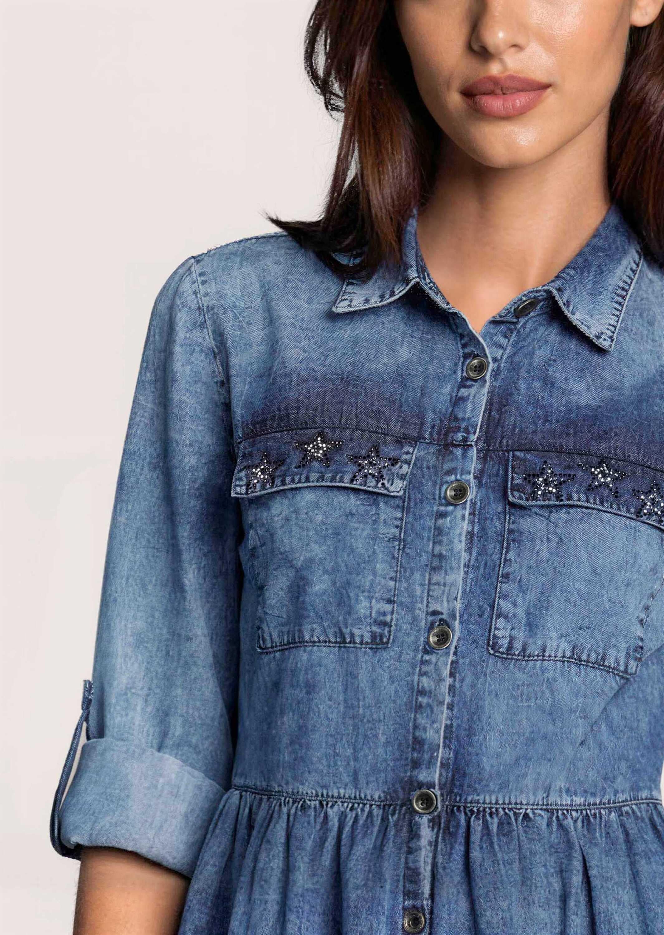 MADELEINE Midikleid »Kleid Jeanskleid mit Stufenrock« Brusttasche