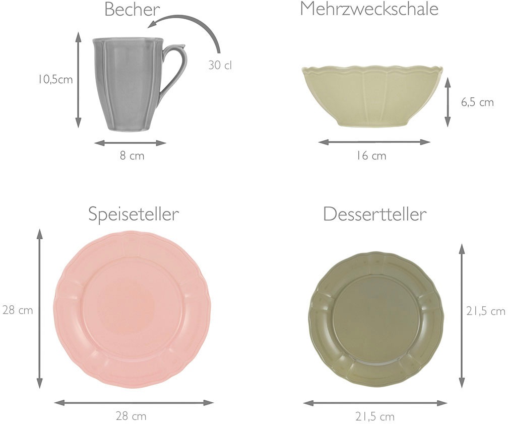 CreaTable Kombiservice »Geschirr-Set Flora colors«, (Set, 16 tlg., Kaffeeservice und Tafelservice im Set, für 4 Personen), Service, traditionelle Form im Landhausstil, 16 Teile, für 4 Personen
