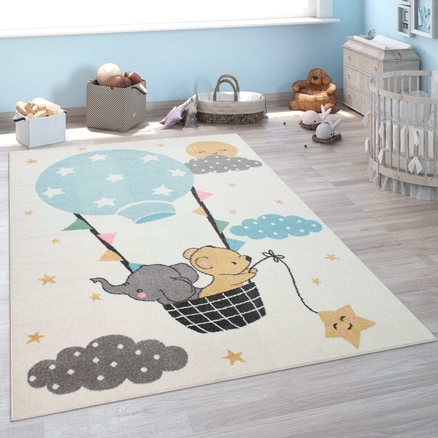 Paco Home Kinderteppich »Nino 883«, rechteckig, 13 mm Höhe, Spielteppich, Kurzflor, Motiv Wolken, Sterne & Tiere, Kinderzimmer