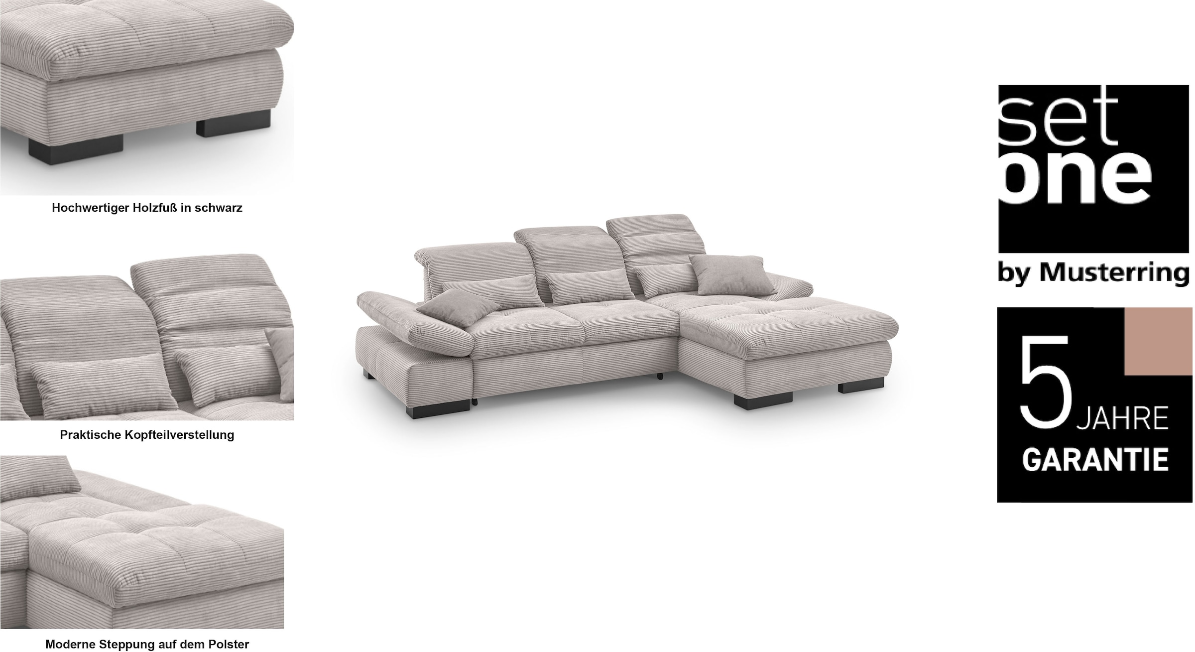 set one by Musterring Ecksofa »SO4100 V«, mit verstellbaren Kopfteilen, wahlweise mit Funktionen, Cord-Bezug
