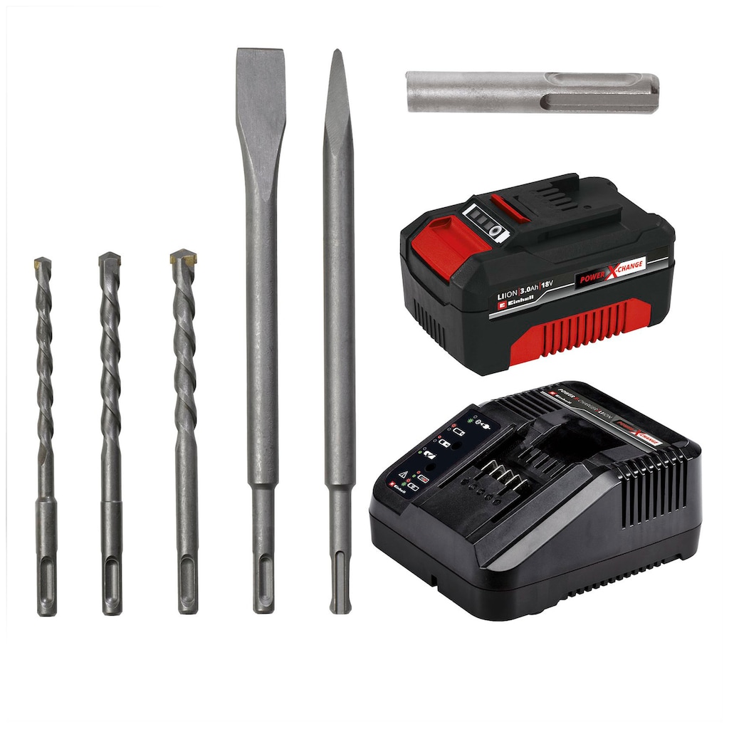 Einhell Akku-Bohrhammer »HEROCCO Kit +5«, Inkl. Akku 18V/3Ah, Schnellladegerät, Bit- Adapter, 3 Bohrer (8/10/12 mm) sowie Spitz- und Flachmeißel