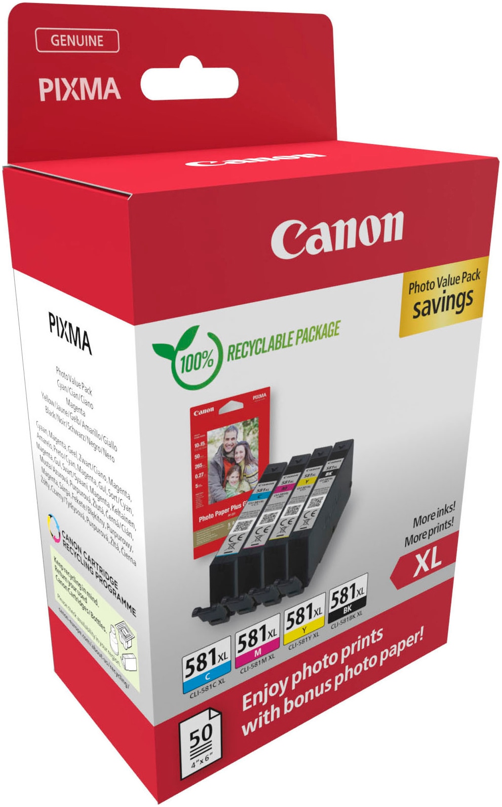 Canon Tintenpatrone »CLI-581XL BK/C/M/Y Tinte mit hoher Reichweite + Fotopapier Value Pack«