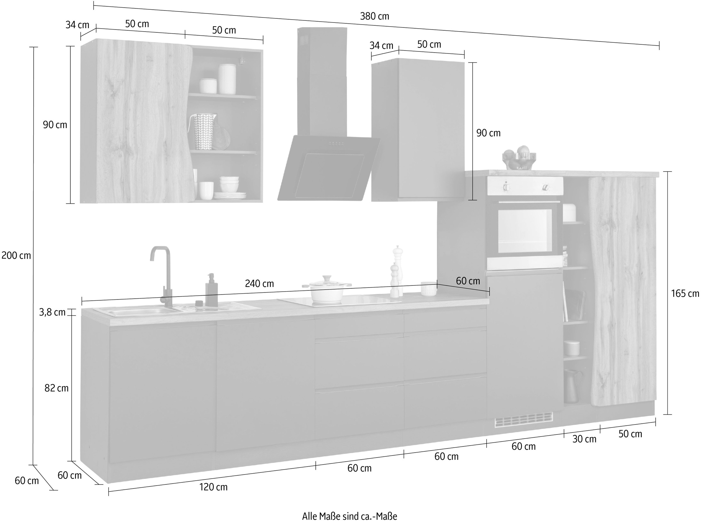 KOCHSTATION Küchenzeile »KS-Bruneck«, 380cm breit, ohne E-Geräte, hochwertige MDF-Fronten