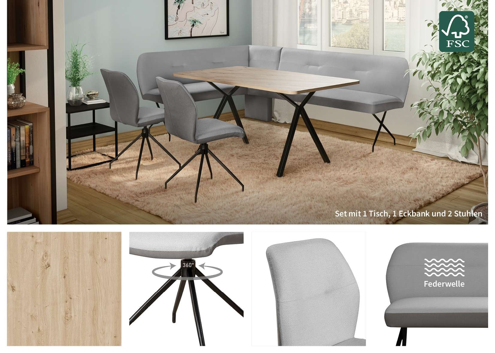 OTTO home Eckbankgruppe »Bruna Essecke, Sitzgruppe, Eckbankgruppe, Küchenbankgruppe« Set, 4tlg, 4 tlg. tlg. Stuhl: 360° drehbar (Rückst.), 2-Stoff-Design. Wellenfederung Eckbank