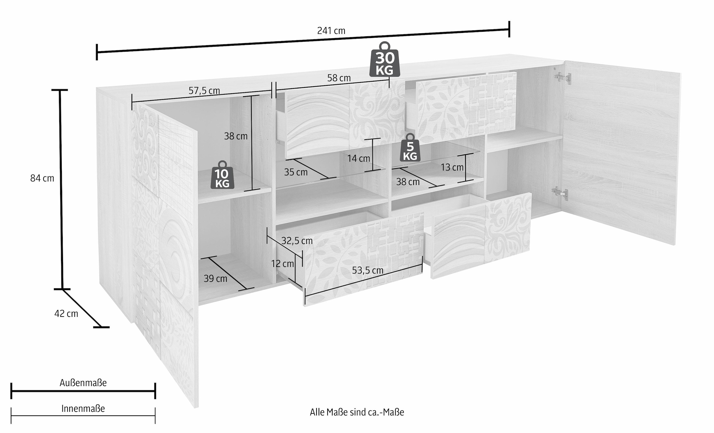 INOSIGN Sideboard »Miro«, Breite 241 cm mit dekorativem Siebdruck