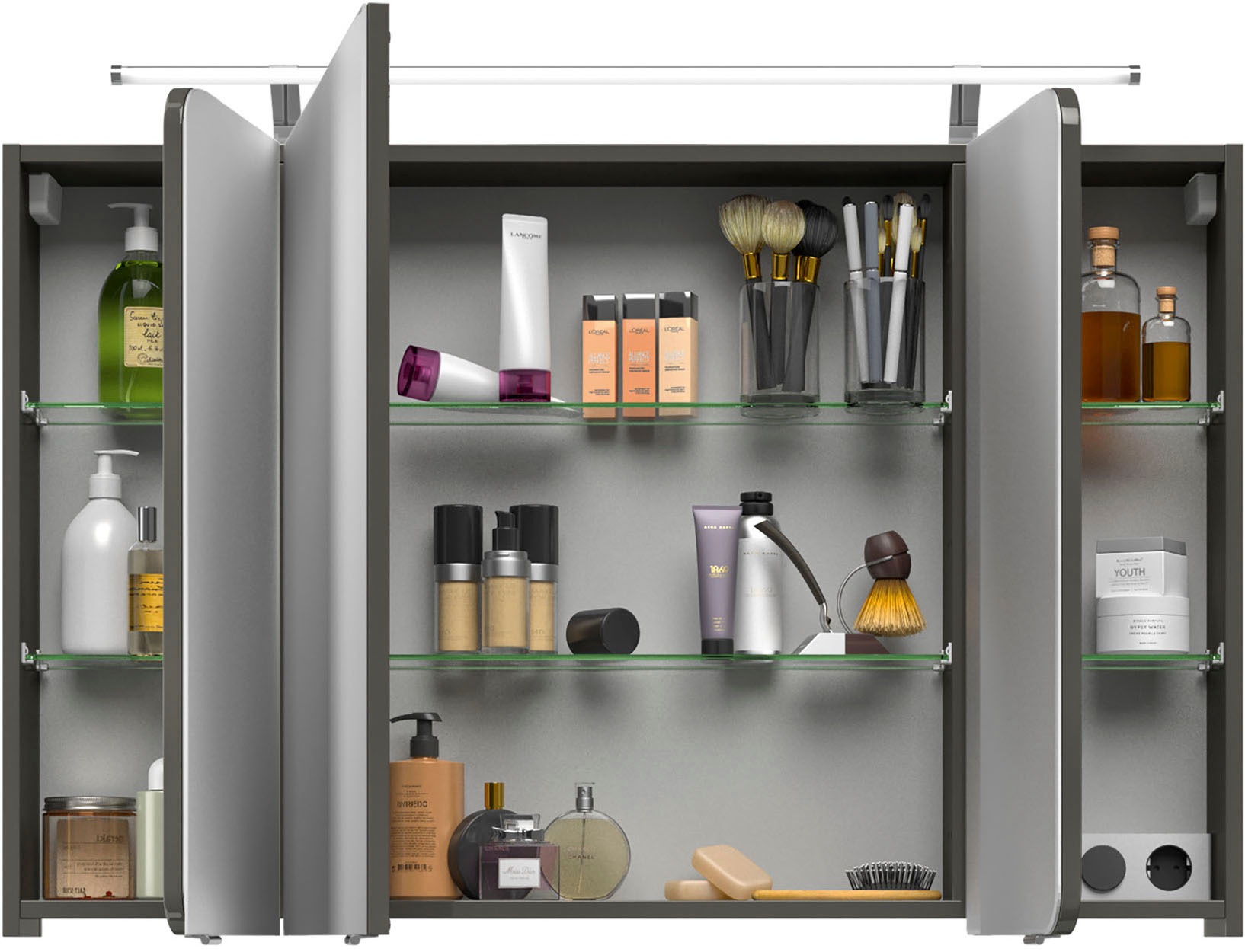Saphir Badmöbel-Set »Serie 4005, vormontiert, Glaswaschbecken, Spiegelschrank«, (Set, 5 St.), Badezimmer-Set mit Unterschrank, Midischrank, inkl. Türdämpfer