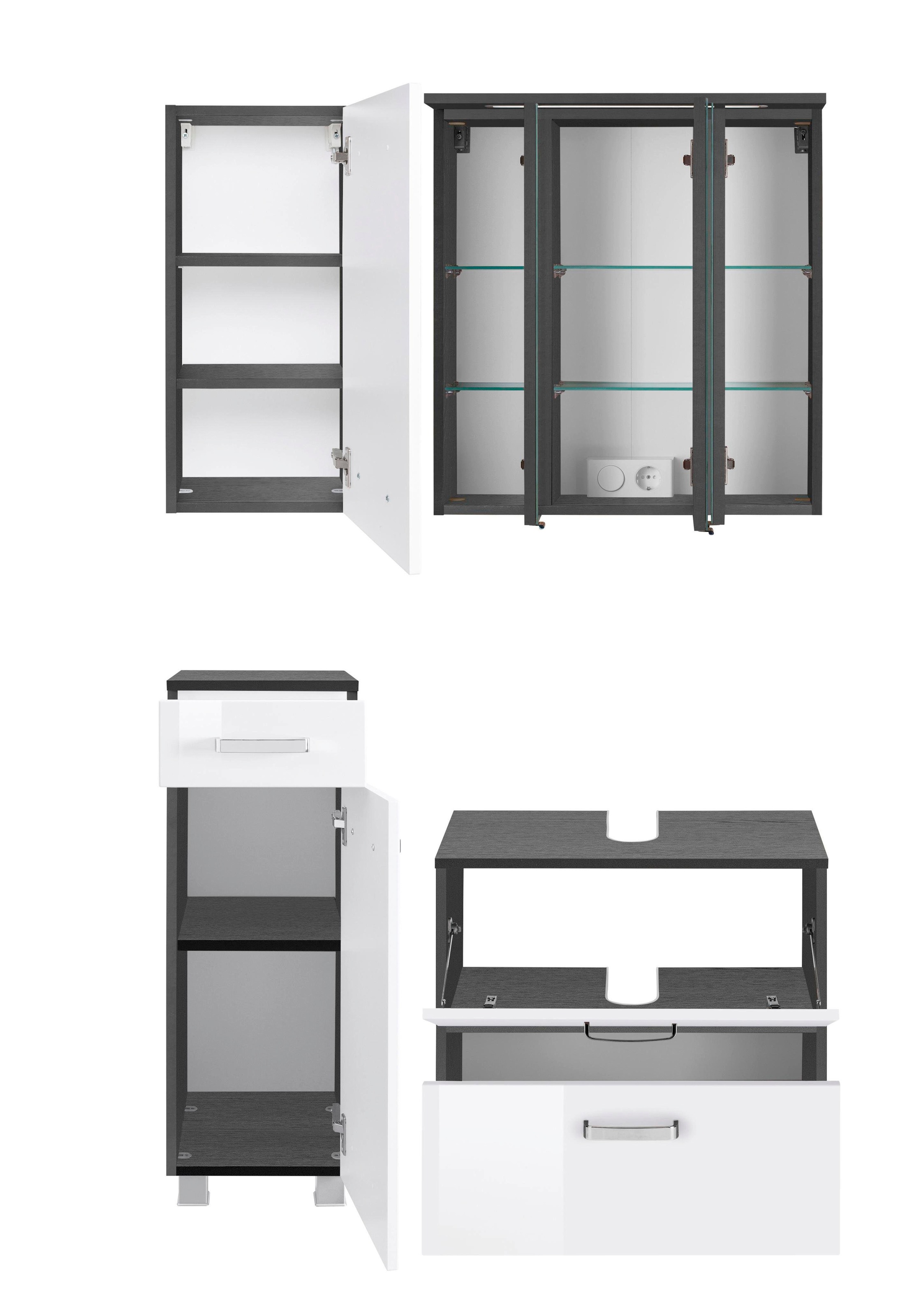 welltime Badmöbel-Set »Ravenna«, (4 St.), Hängeschrank, Unterschrank, Spiegelschrank, Waschbeckenunterschrank
