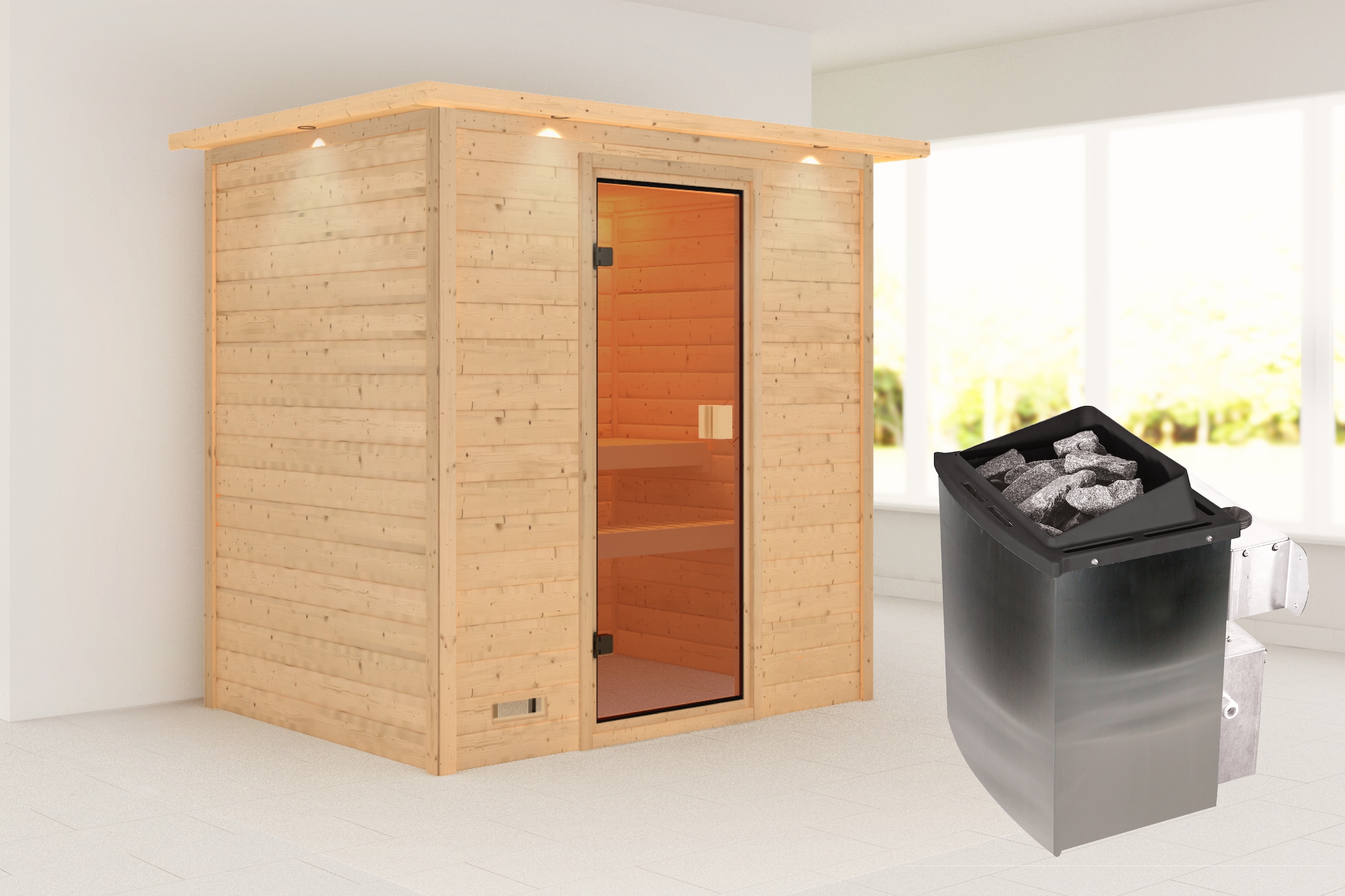 Karibu Sauna »"Sunie" mit bronzierter Tür und Kranz, naturbelassen, mit Ofen 9 kW« aus hochwertiger nordischer Fichte