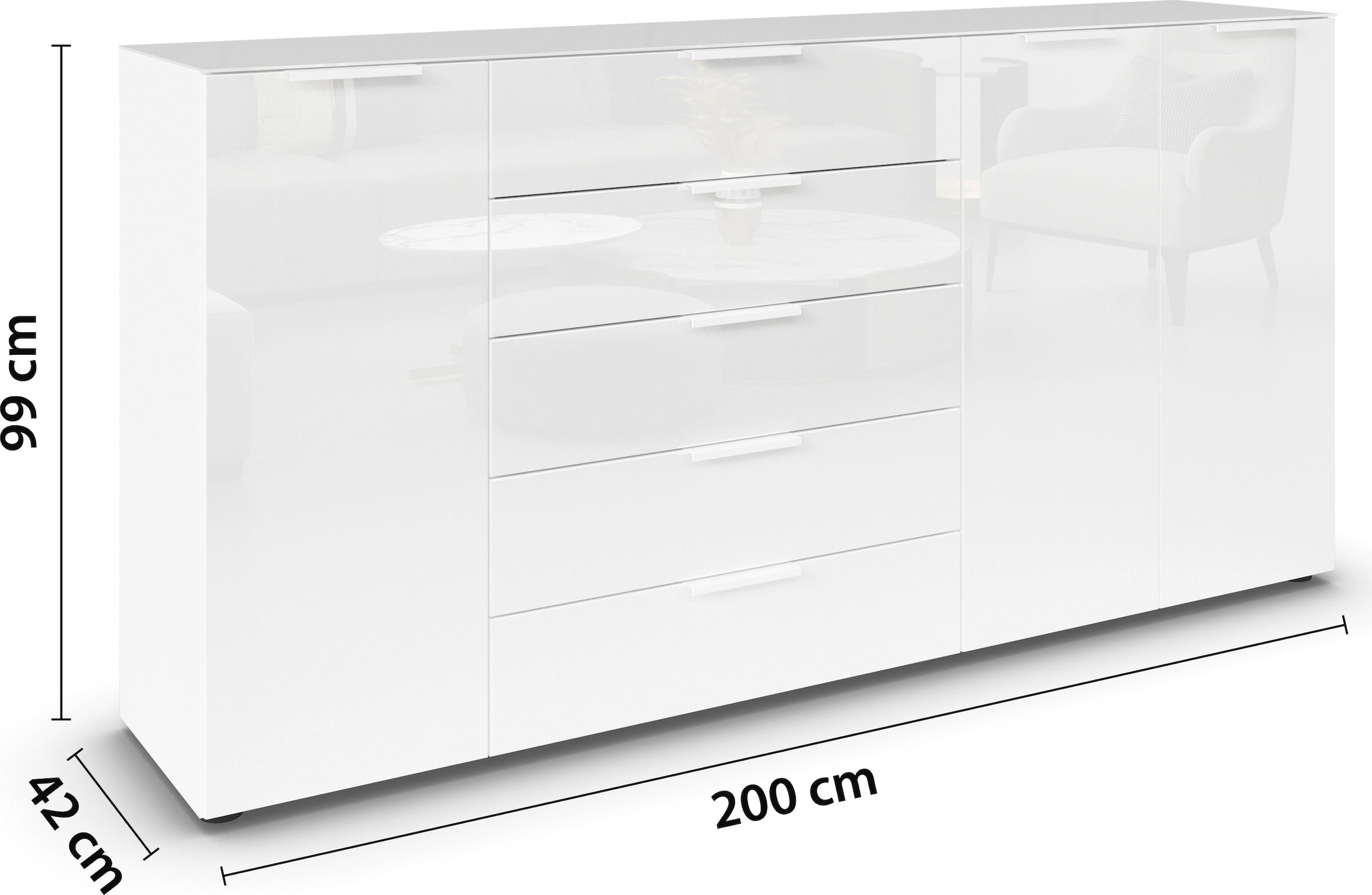 rauch Kombikommode »Kommode Türkommode Sideboard Kombikommode FLIPP mit Glasfront« Breite 200 cm mit 4 Einlegeböden,  3-türig, 5 Schubladen, Soft-Close-Funktion, Oberboden und Front Glas