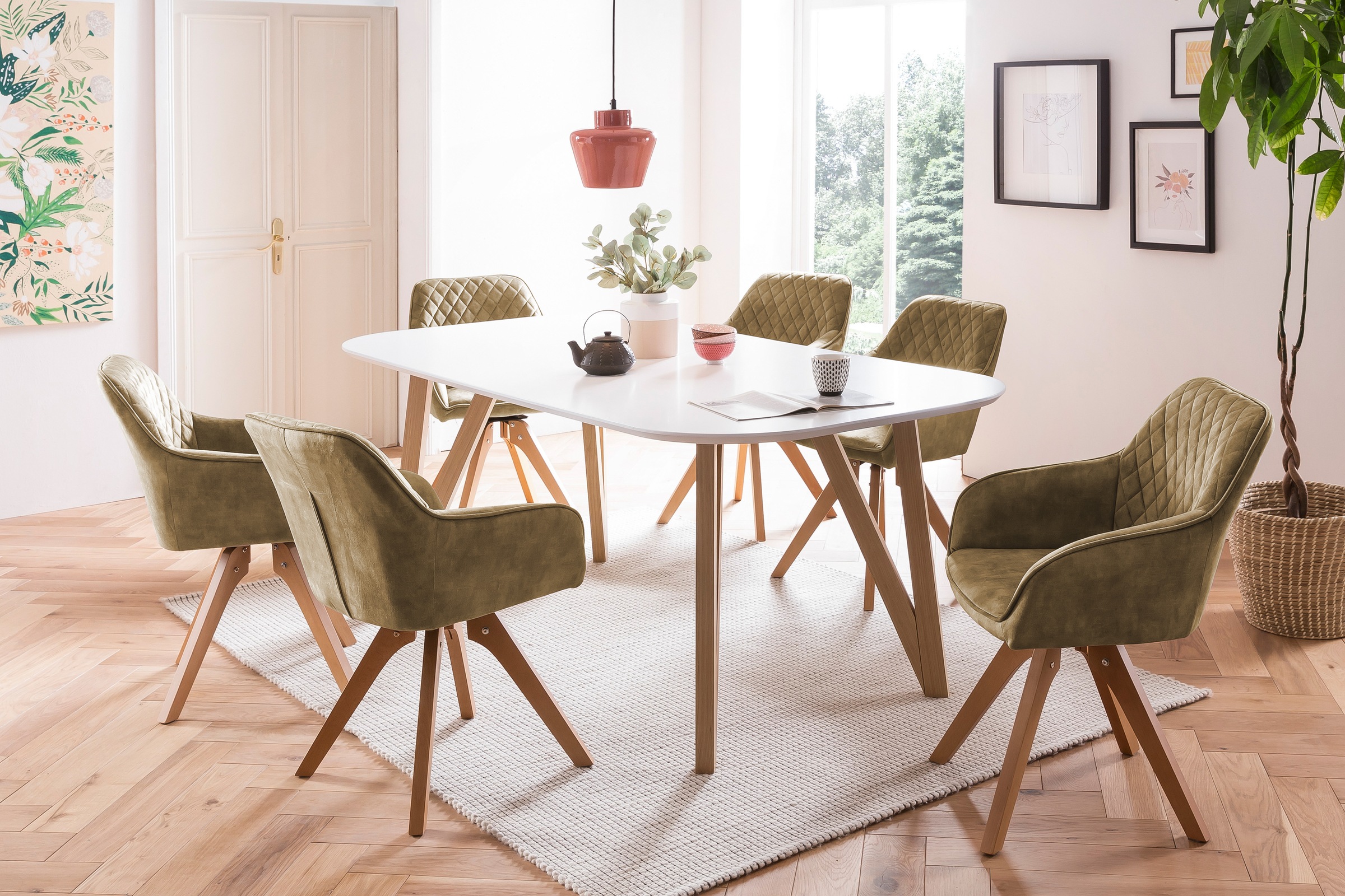SalesFever Essgruppe »Stilvolle Essgruppe«, 5-teilige Samtverlours-Sitzgruppe, drehbare Stühle, 180cm Tischbreite