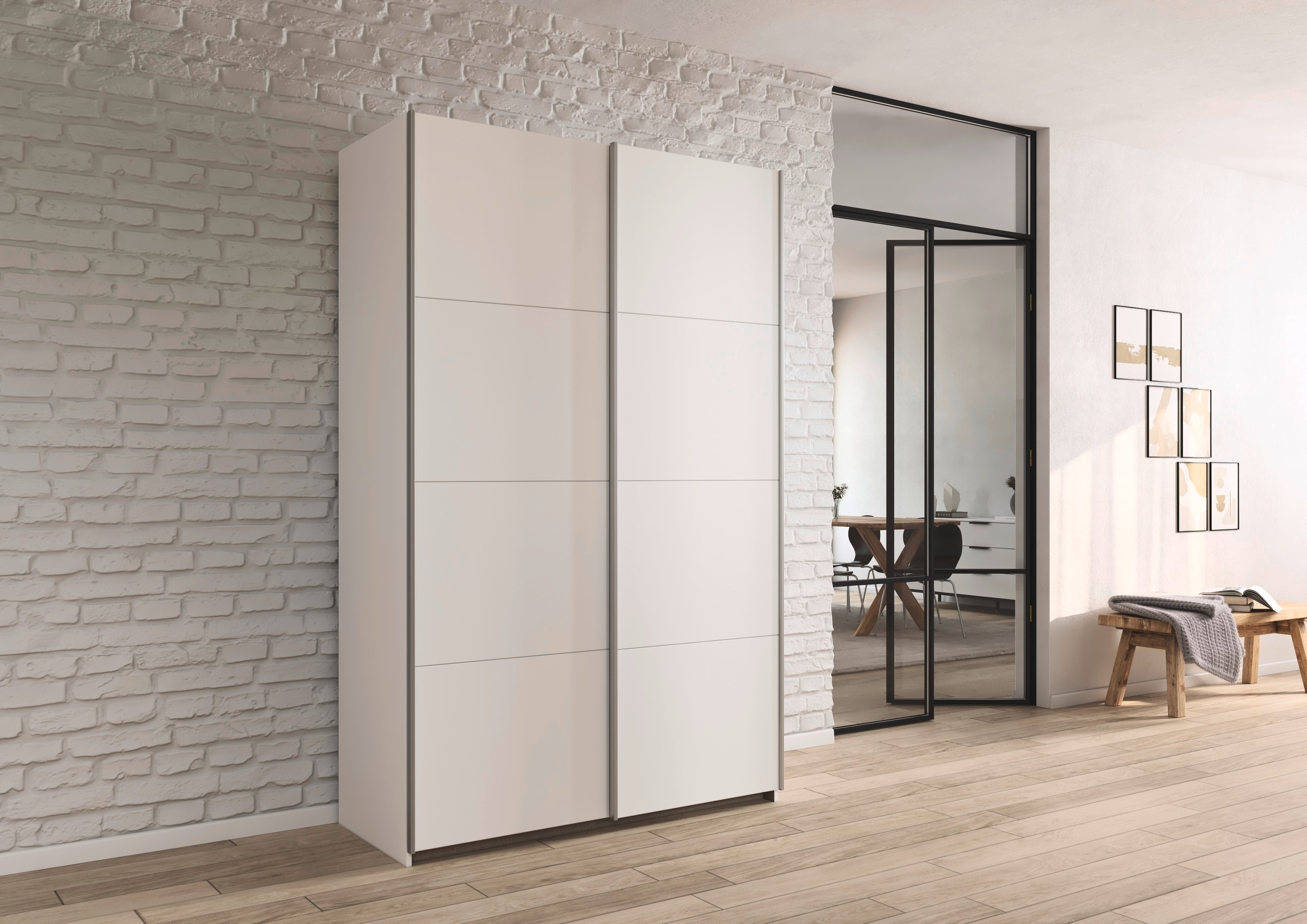 rauch Schwebetürenschrank »Kleiderschrank Schrank Garderobe Schlafzimmerschrank OXFORD«, (in 3 verschiedenen Ausstattungen BASIC/CLASSIC/PREMIUM), mit Griffleisten aus Metall, auch für kleinere Räume MADE IN GERMANY