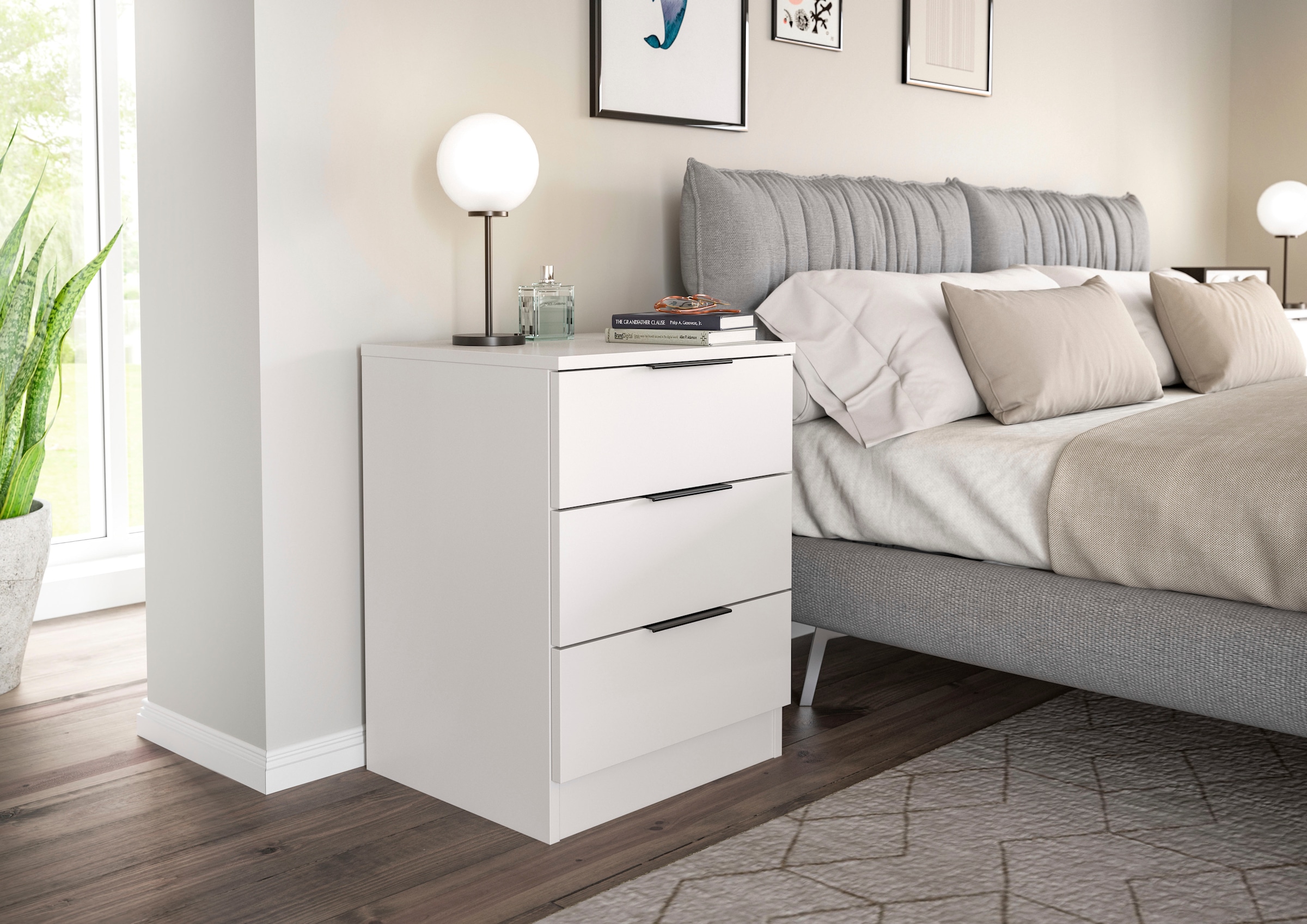 Home affaire Nachtkommode »Skarde Nachttisch Beistelltisch Kommode, Breite: 45 cm«, (1 St.), Skarde, Nachtkommode, 3 Schubkästen, weiß