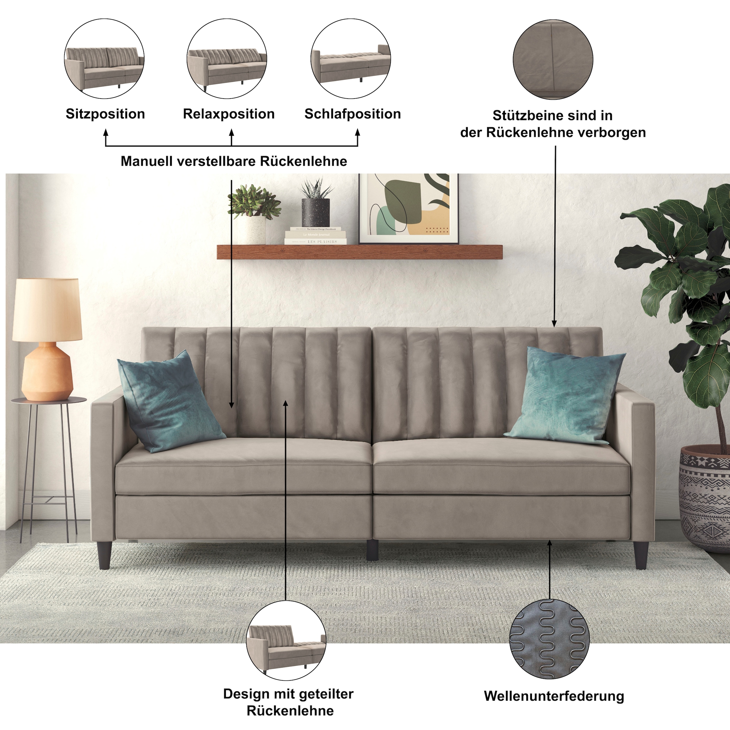 Dorel Home 3-Sitzer »Celine« Rückenlehne 2-teilig und 3-fach verstellbar, Sitzhöhe 43 cm