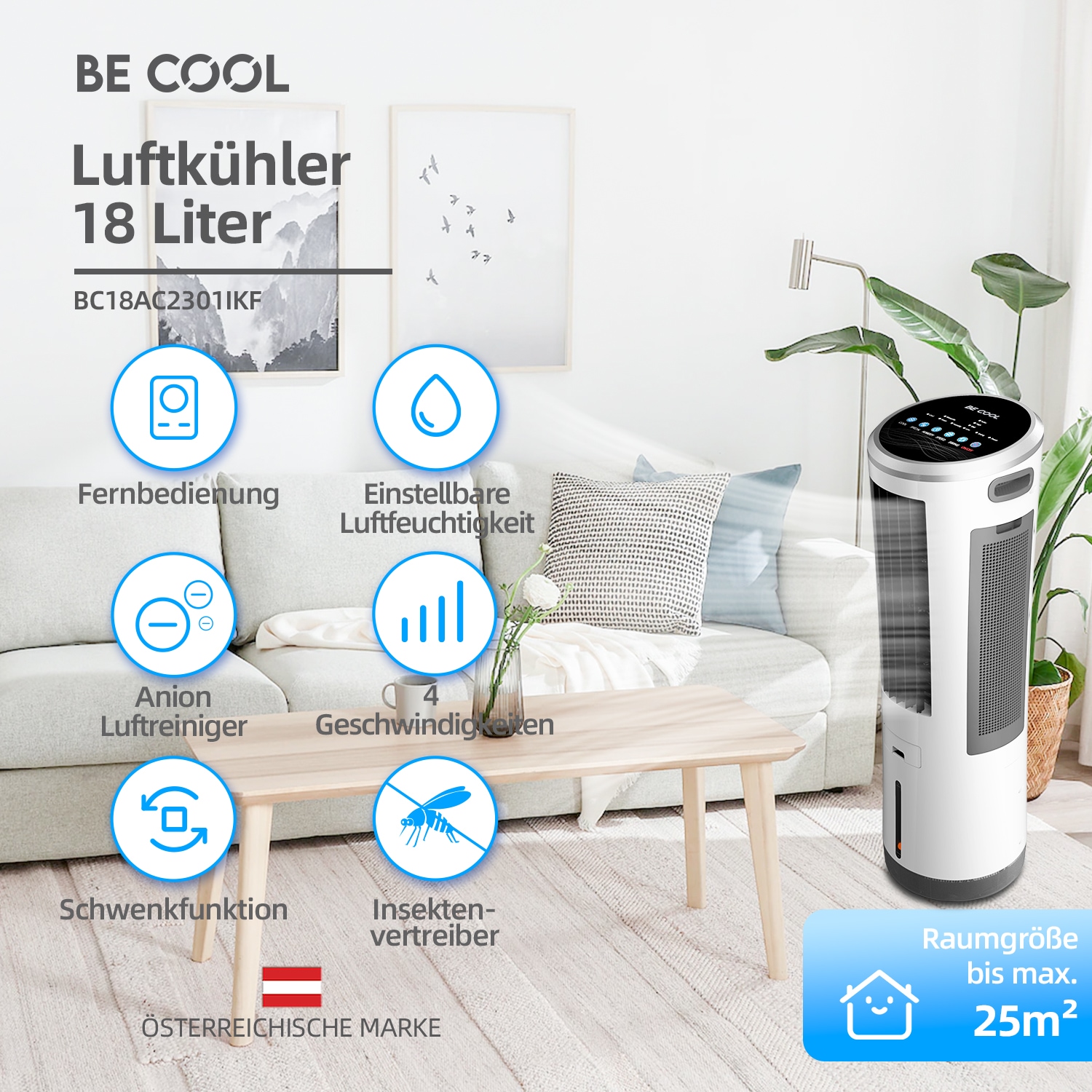 be cool Ventilatorkombigerät »Luftkühler mit Mückenabwehr 18l BC18AC2301IKF weiß/grau«, Mückenabwehr, Luftfeuchtigkeitskontrolle, Fernbedienung