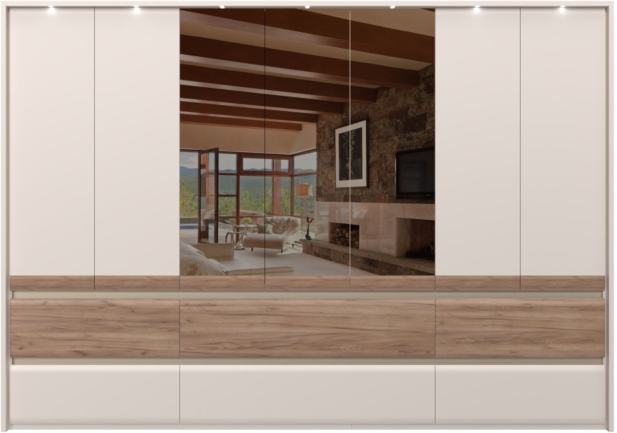 Places of Style Kleiderschrank »Invictus, UV lackiert, FSC-zertifiziert, grifflose Optik«, (abgerundete Schubladen aus MDF im Holzdekor, soft-close), mit Beleuchtung und Spiegel, in 4 Breiten, hoher Schrank (226cm)