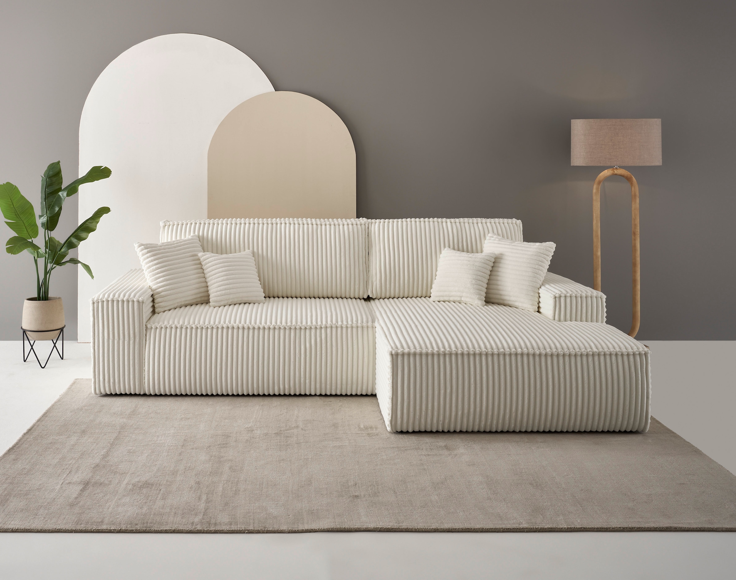 andas Ecksofa »Finnley Schlafsofa 267 cm in Bouclé, Struktur fein u. Cord, L-Form,«, Schlaffunktion m. Bettkasten (136/210 cm), Bouclé, Struktur und Cord