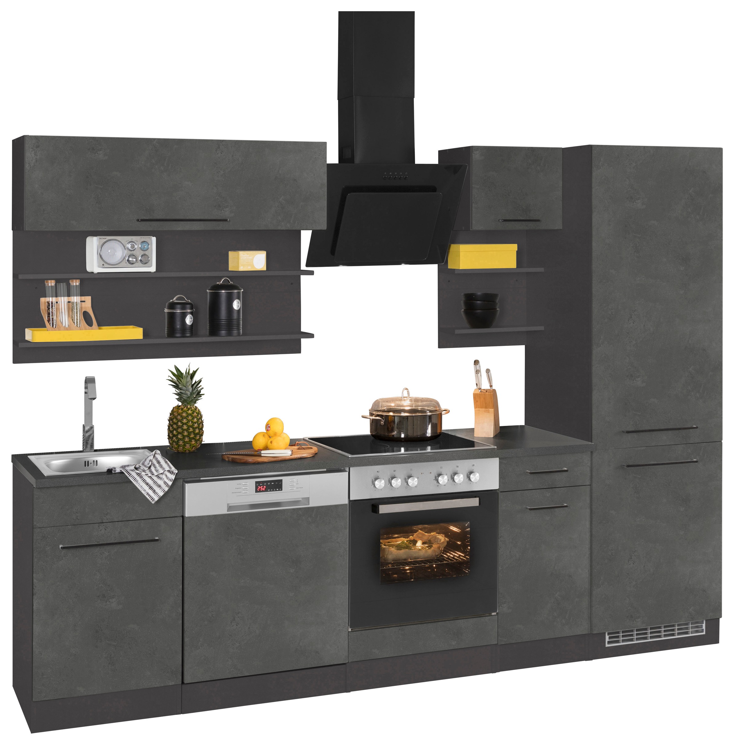 KOCHSTATION Küchenzeile »KS-Tulsa«, mit E-Geräten, Breite 270 cm, schwarze Metallgriffe, MDF Fronten