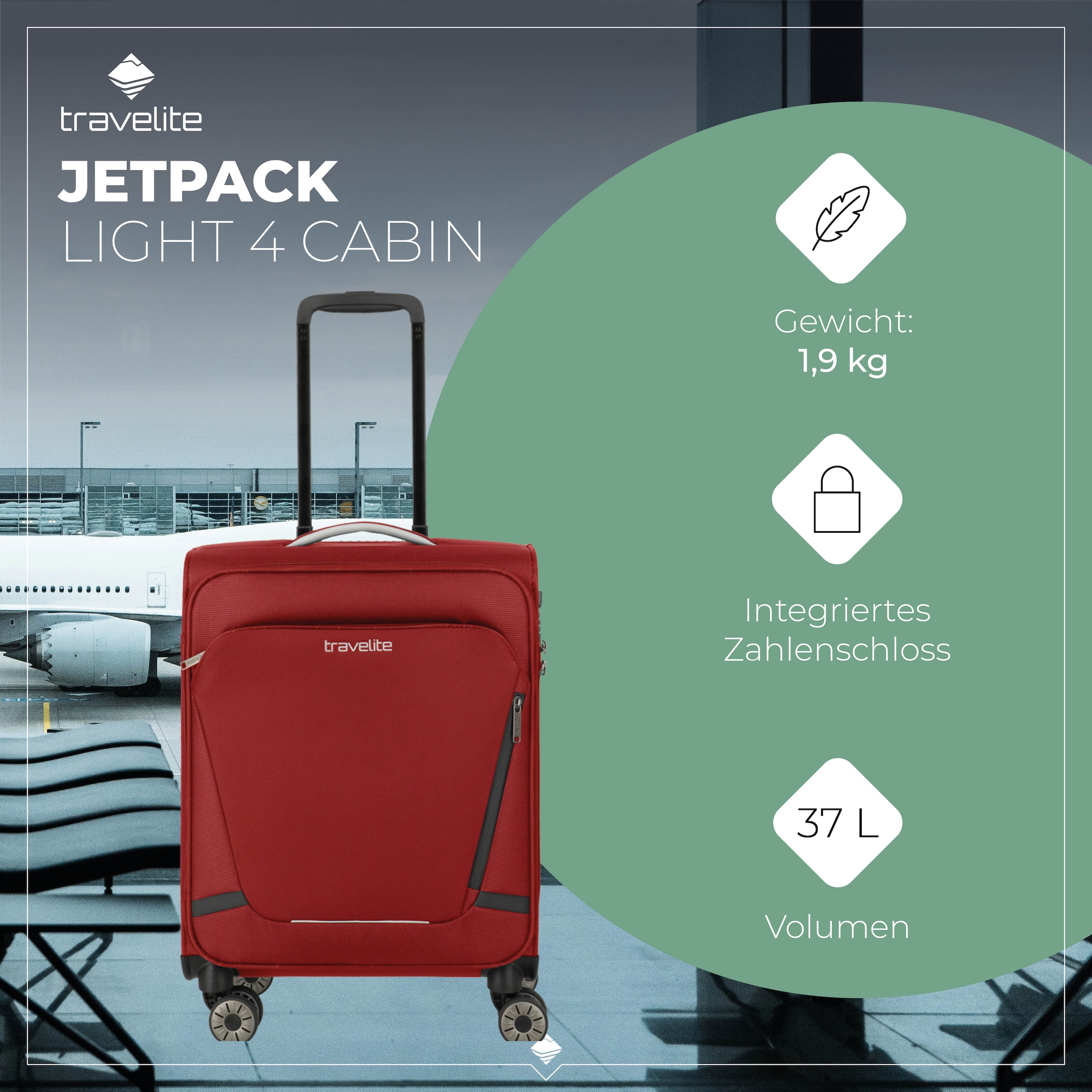 travelite Handgepäck-Trolley »JETPACK Multi Light 4 Cabin, konzipiert für Condor & Ryanair« 37 l 4 Rollen Weichgepäck-Koffer Handgepäck für die meisten gängigen Airlines