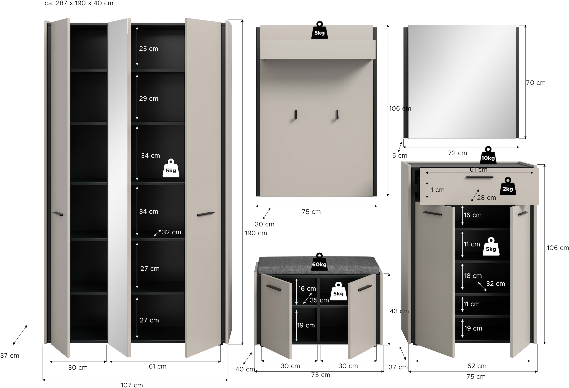 Home affaire Garderoben-Set »RAK, 6-teilige Garderoben-Kombi inkl. Sitzkissen, Breite ca. 287 cm« Garderobenschrank, Sitzbank, Garderobenpaneel, Schuhkommode, Spiegel, 6 Stk. tlg.