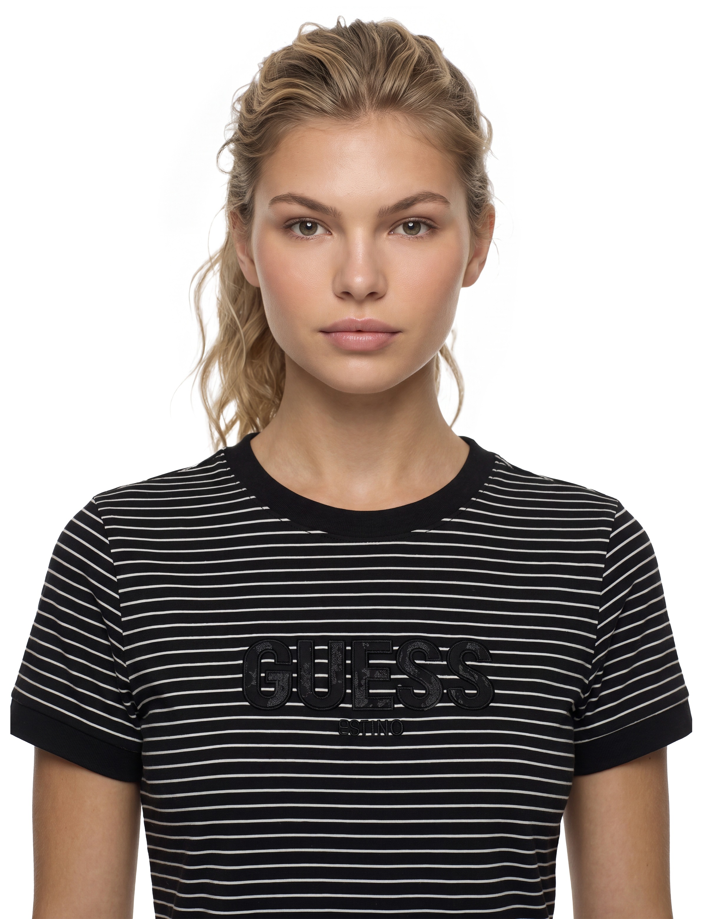 Guess T-Shirt »CN GUMMY LACE LOGO STRIPED« Logo mit Spitzenbesatz, Slim Fit