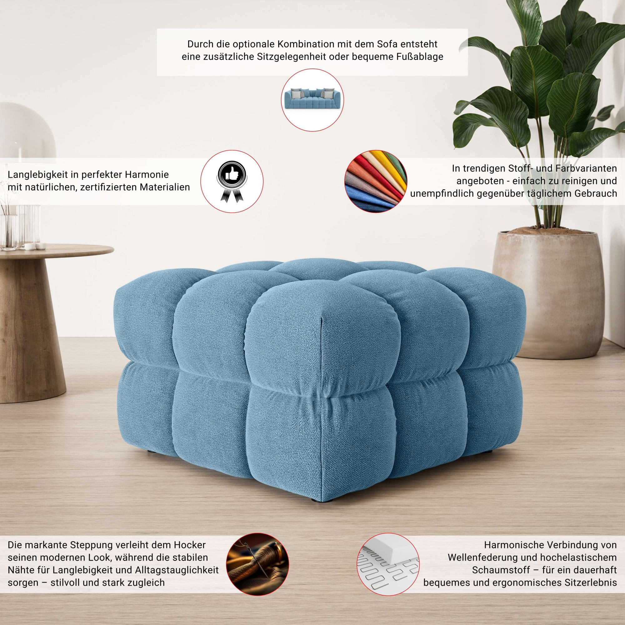 s.Oliver Polsterhocker »COBBO Sitzhocker Bubble-Optik, Maße B/T/H: 80/80/48 cm«, passend zum Sofa, moderne Steppung und hoher Sitzkomfort