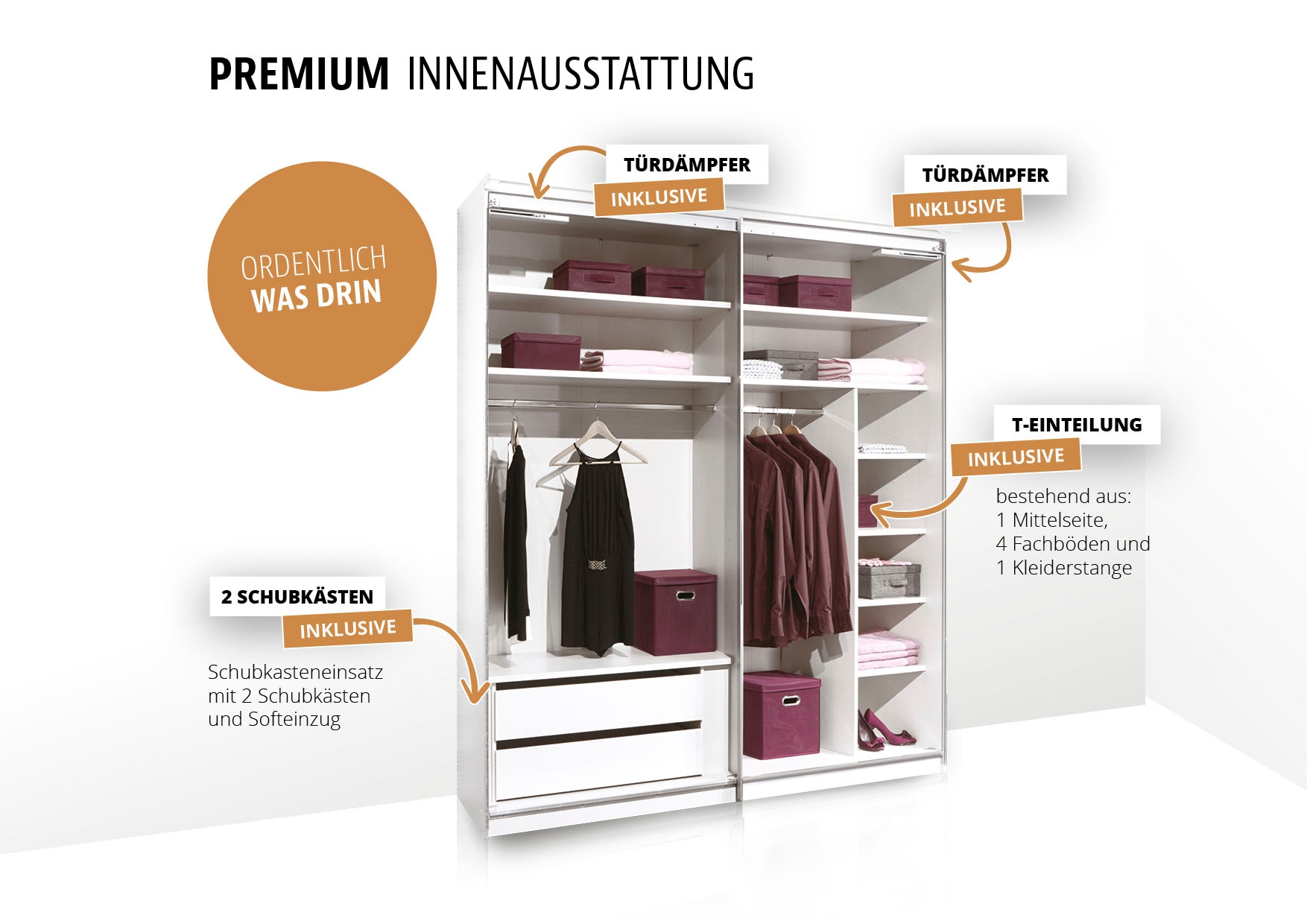 STAUD Schwebetürenschrank »Sinfonie Plus, edles Design in hochwertiger Qualität, Made in Germany«, Mit Spiegeltüre und vier verschiedenen Ausstattungsvarianten
