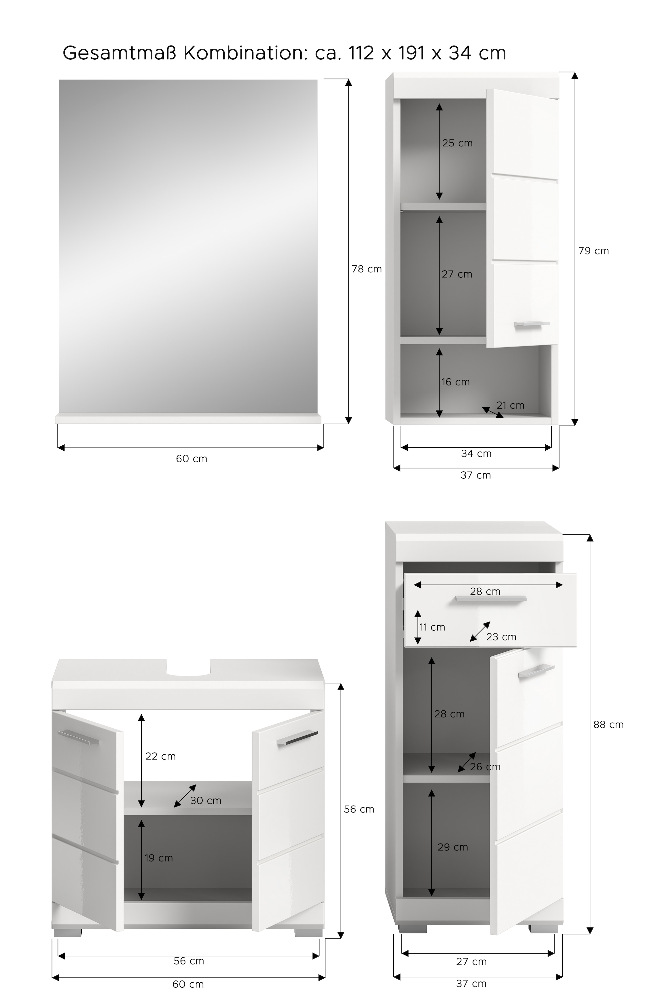 INOSIGN Badmöbel-Set »Siena, 4 teilig, bestehend aus:«, (Set), Waschbeckenunterschrank, Spiegel, Unterschrank, Hängeschrank