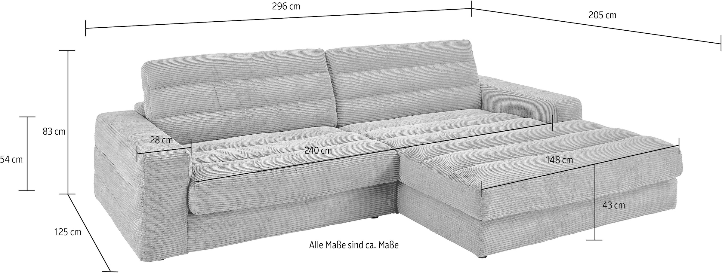 3C Candy Ecksofa »Stripes Mega-Sofa, bequem und komfortabel, L-Form«, Lose Rückenkissen, mit feiner Quersteppung, Cord-Bezug