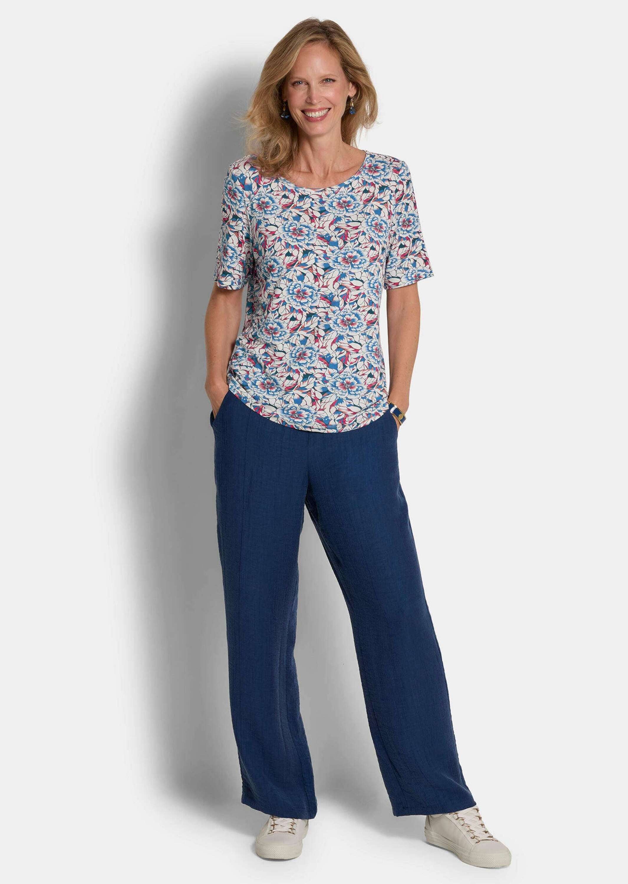 GOLDNER Kurzarmshirt »Kurzgröße Cityshirt mit floralem Design« stretchbequemer Viskosejersey