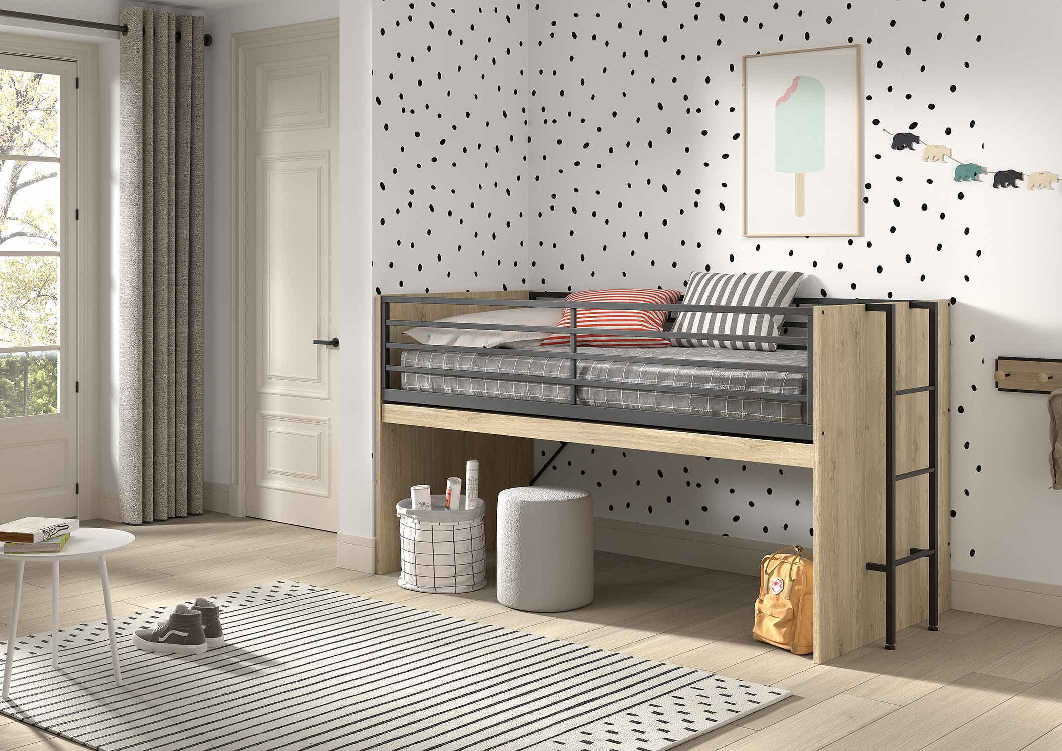 Vipack Stauraumbett »Sam, schlafen und arbeiten in einem, wahlweise Eiche- oder Weiß-Dekor« Liegefläche 90x200 cm, darunter eine große ausziehbare Schreibplatte,  mit Absturzschutz, Leiter u. 2 Regale, pflegeleichte Dekor Oberfläche