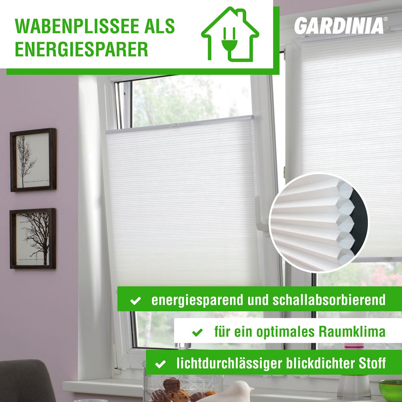 GARDINIA Wabenplissee »Concept Tageslicht«, blickdicht, mit Bohren, verspannt, energiesparend und schallabsorbierend