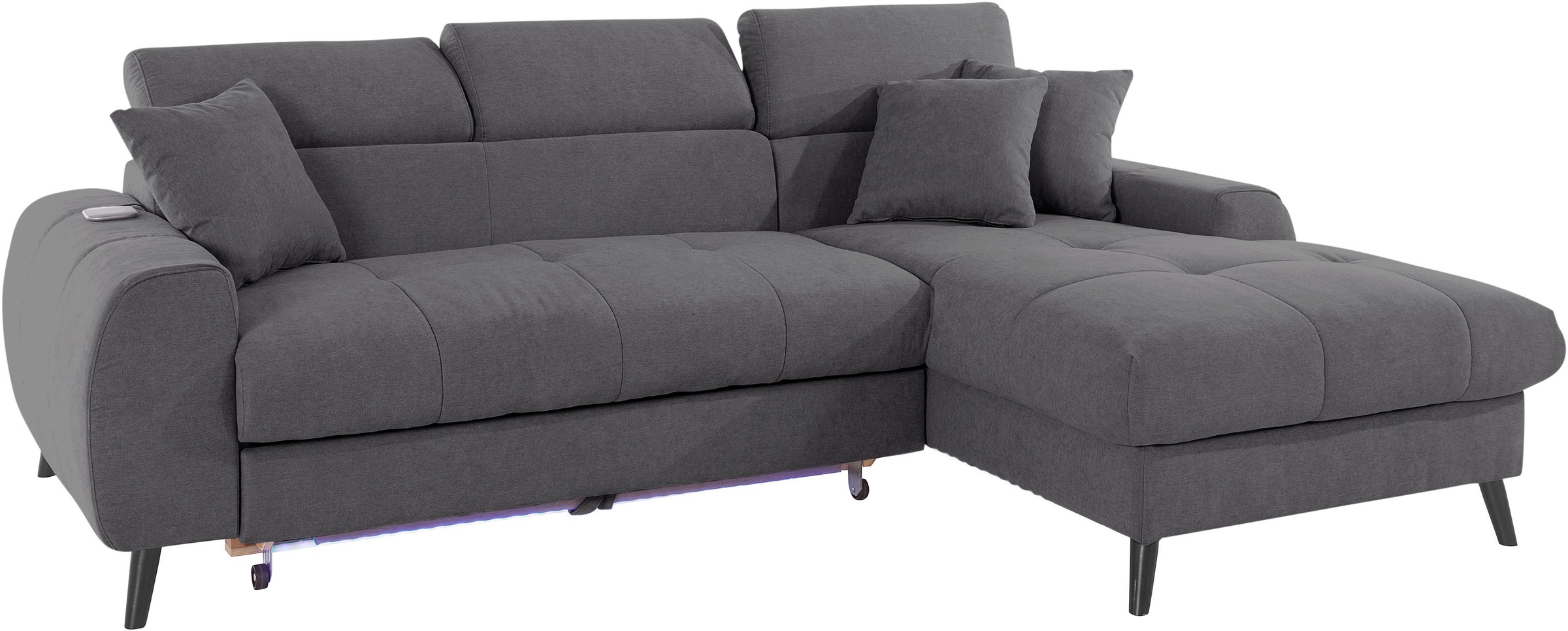 COTTA Ecksofa »Mia L-Form mit 3 Zierkissen«, wahlweise mit Bettfunktion, Bettkasten, Beleuchtung & Wireless-Charger