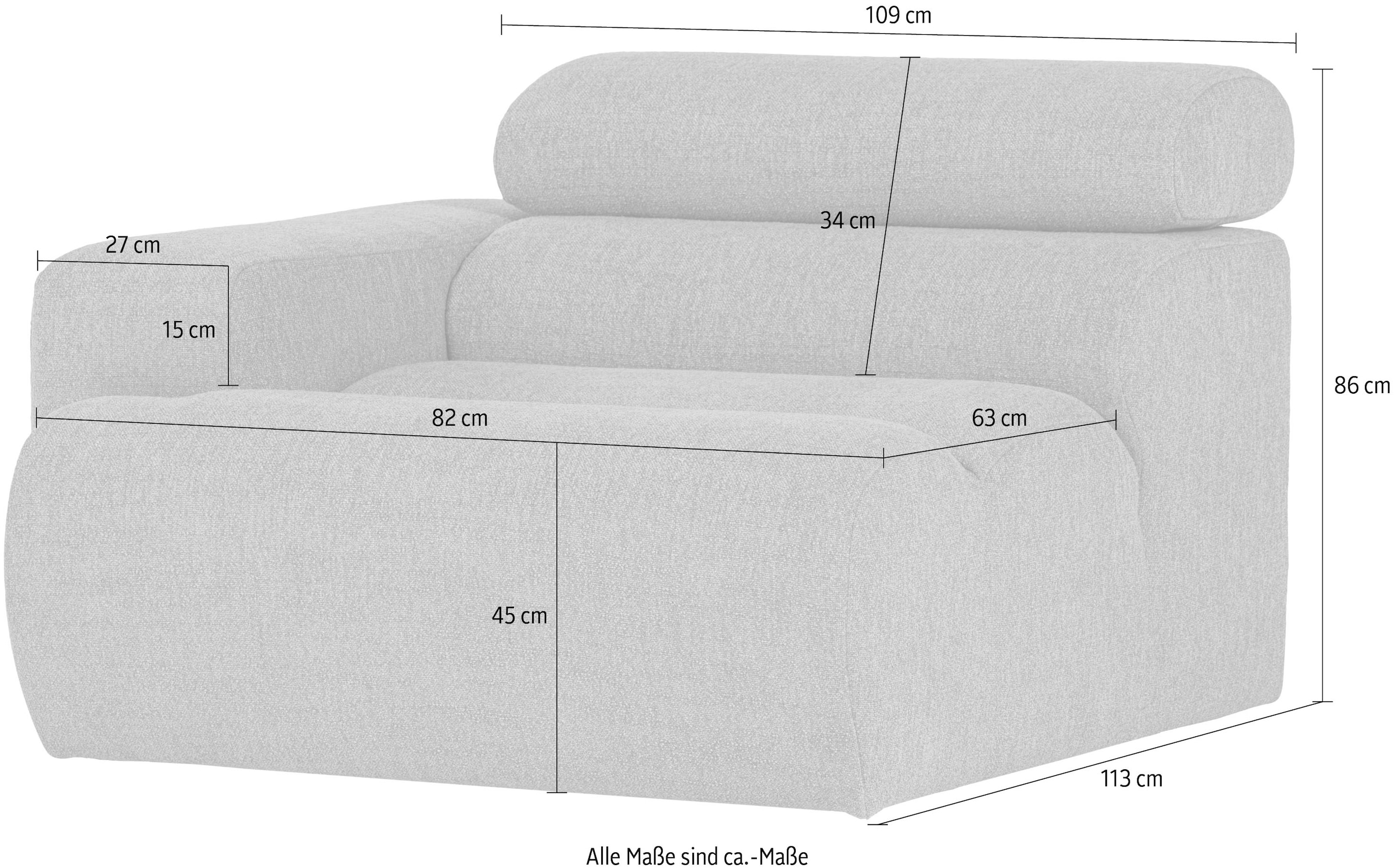 WOOOD Sessel »Novi mit Bezug und verstellbarer Nackenstütze B 109 x T 113 x H 86 cm« Tragkraft 120 kg, Kliksystem für Elementen-Kombination, Rilo-Bouclé
