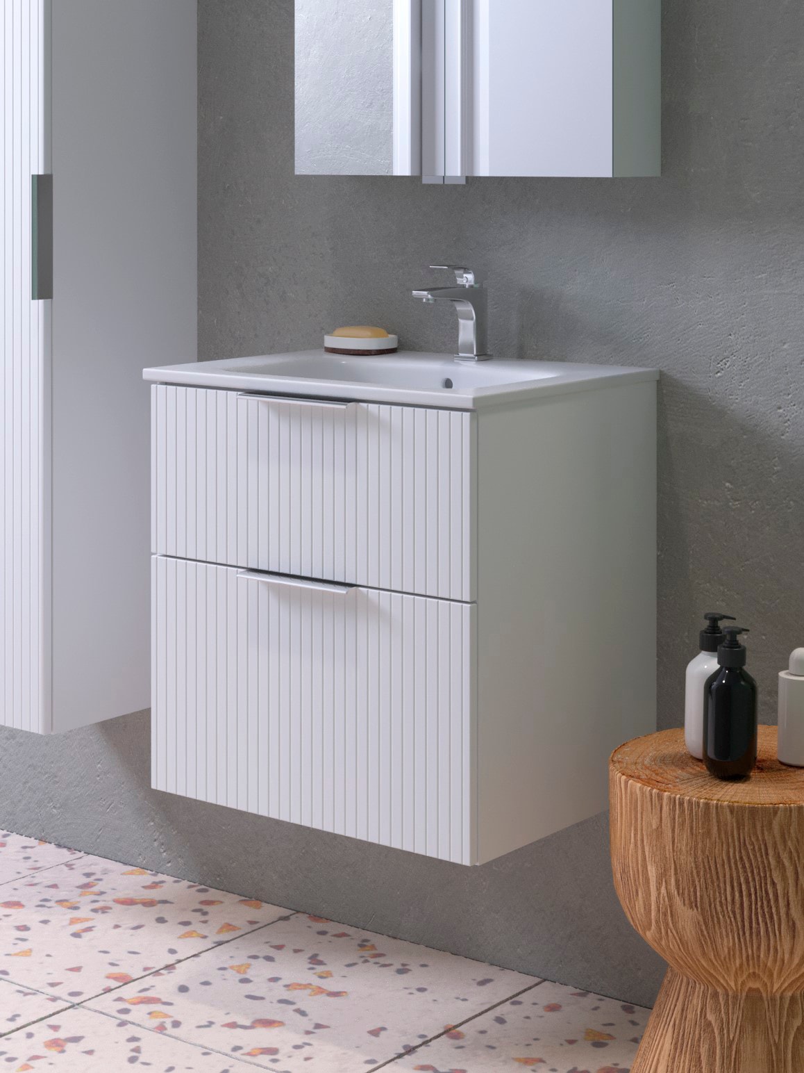 welltime Waschtisch »G-Line« mit  Keramik Waschbecken, Schubladen mit Softclose,  trendig geriffelt