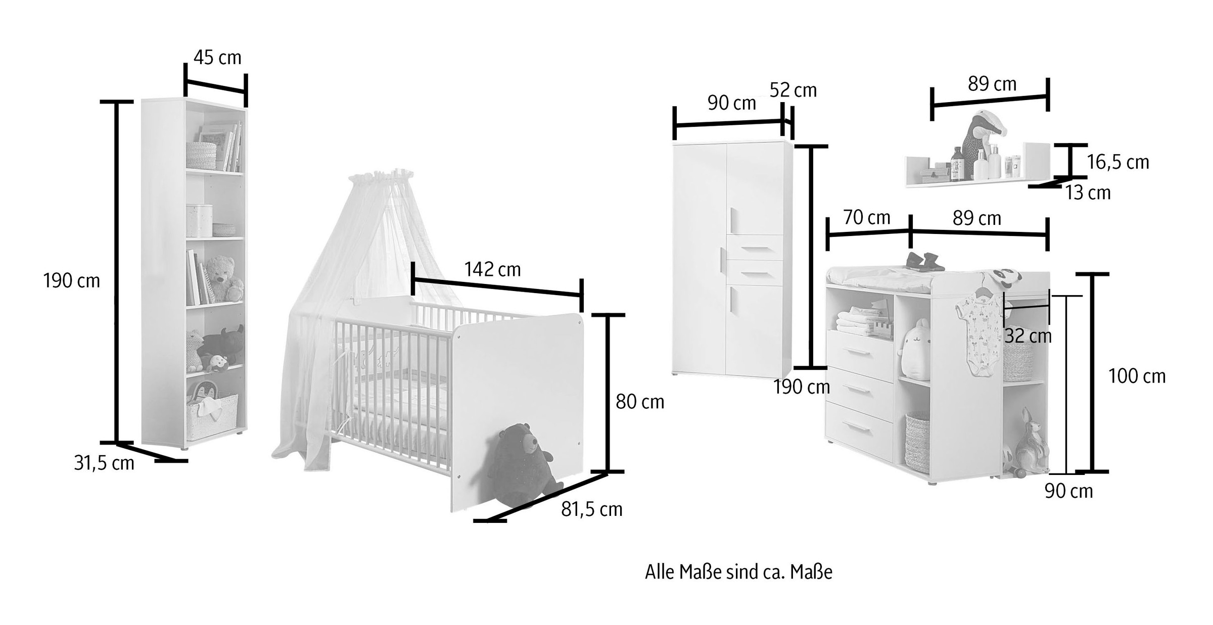 BMG Möbel Babyzimmer-Komplettset »Lea«, (Set, 7 tlg., Bett, Wickelkommode, Schrank, Standregal, Unterstellregale, Wandboard), Bett + Wickelkommode + 3-trg. Schrank + Standregal + Wandboard