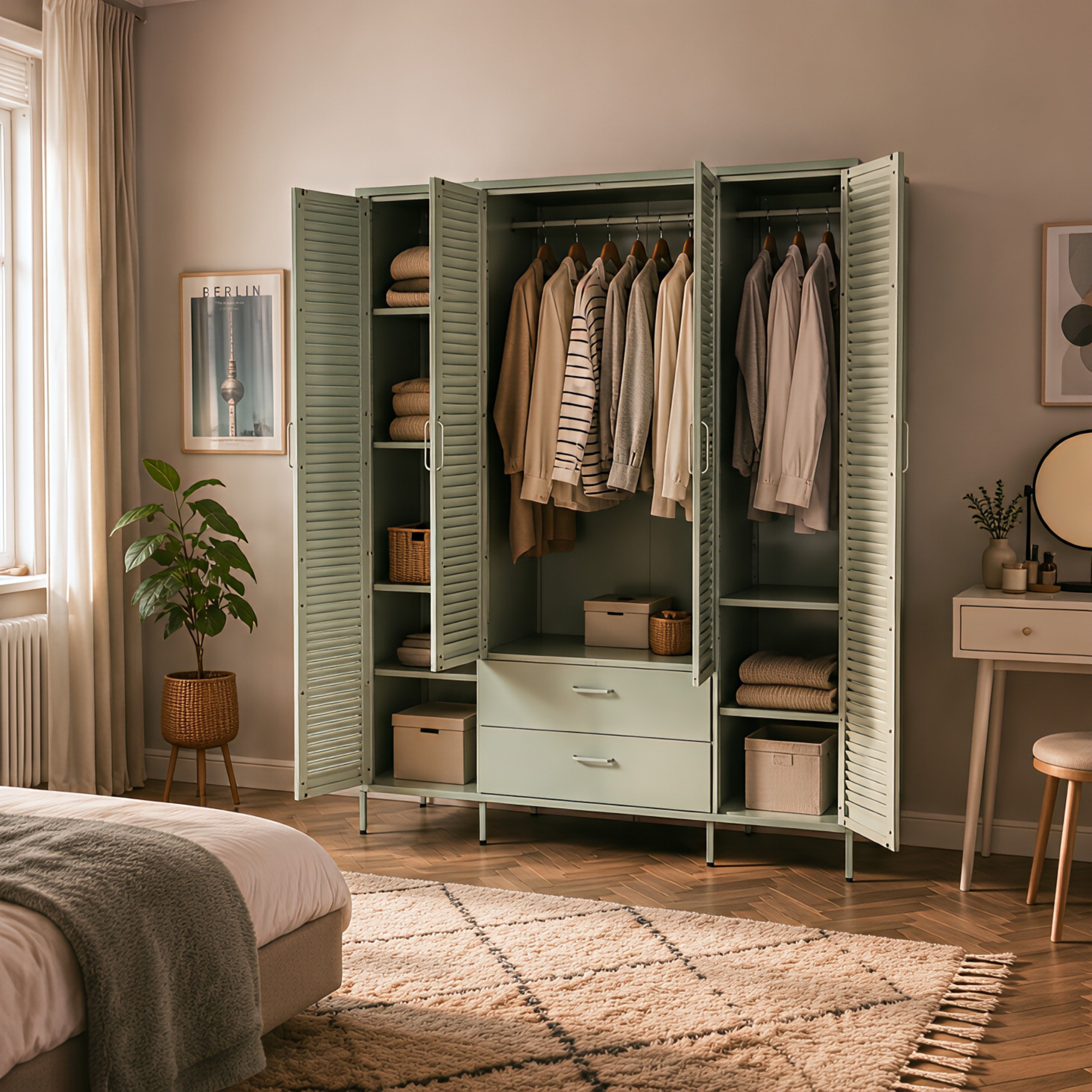 OTTO home Kleiderschrank »GERRON Kleiderschrank Metallschrank Spind« Schlafzimmerschrank, 4 Türen & Schubladen, grün salbei, Breite 158cm
