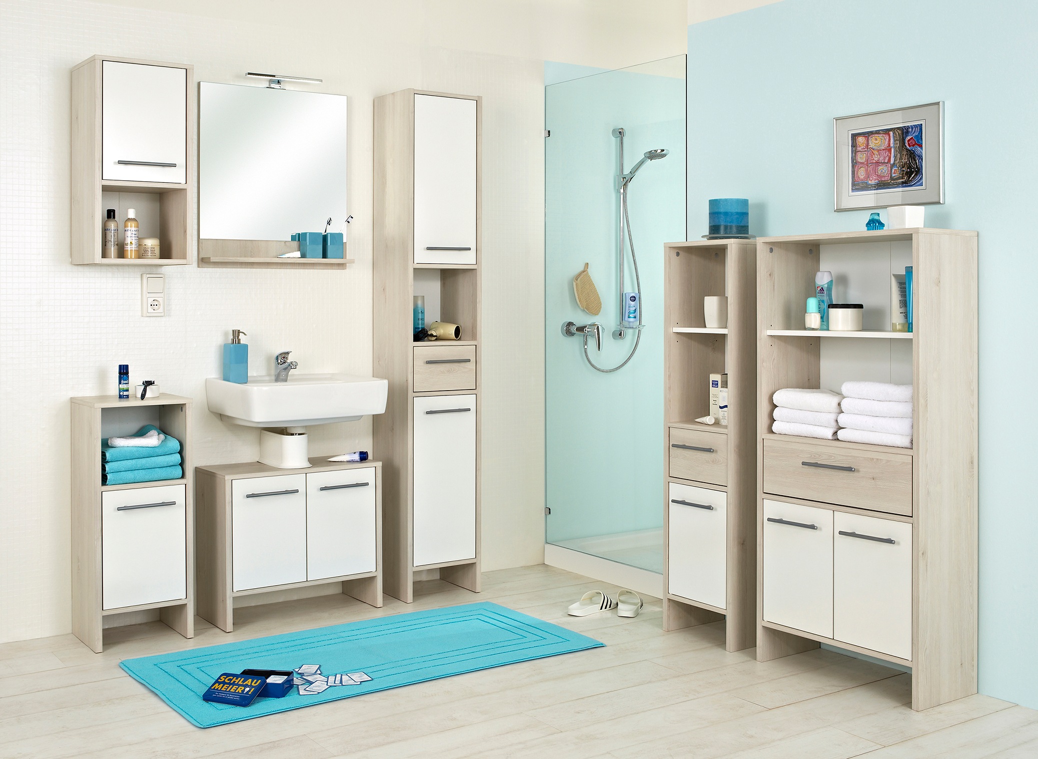 Saphir Hängeschrank »Quickset 350 Badschrank 33 cm breit, 1 Tür, 1 Nische, 1 Einlegeboden«, (1 St.), Badezimmer-Hängeschrank in Pinie Ida Hell mit Griffe alufarbig