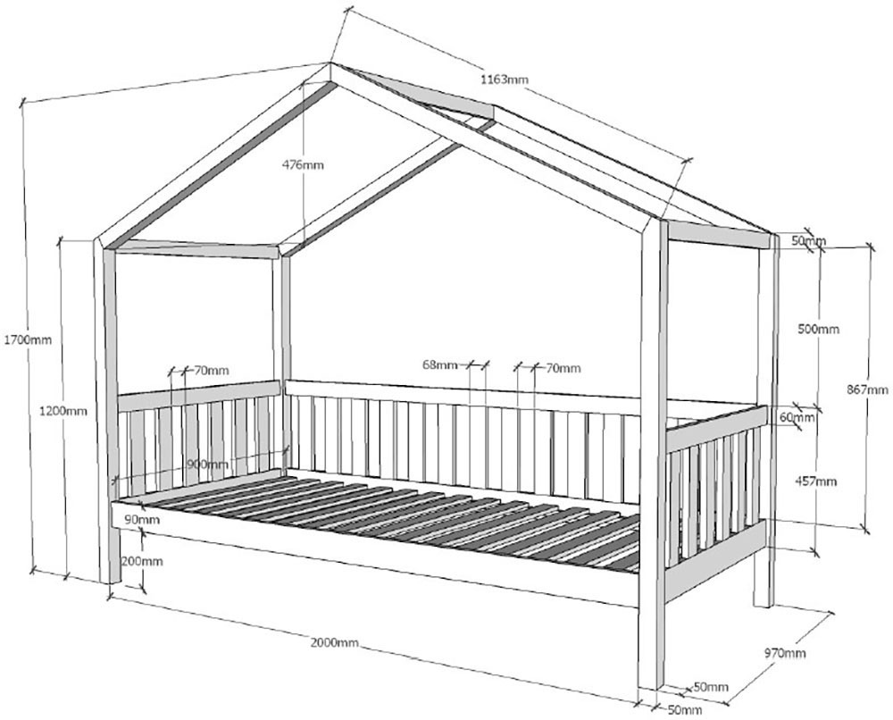 Vipack Hausbett »Dallas aus massiver Eiche, natur geölt in zeitlosem Design« (B/H/T ca. 210x170x97 cm) inkl. Massivholz Rolllattenrost,  hochwertig verarbeitet, mit oder ohne Bettschublade auf Rollen