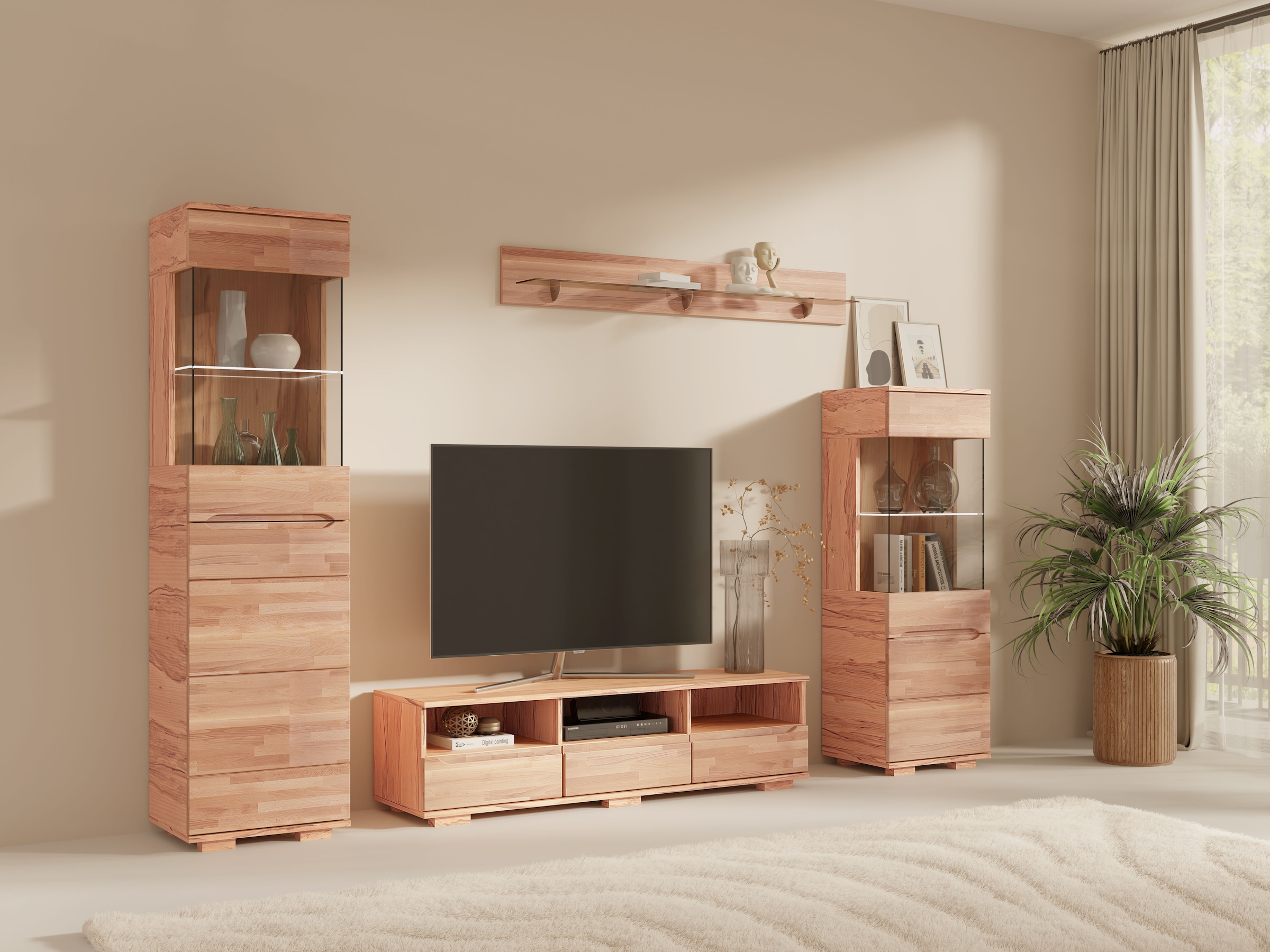 OTTO home Vitrine »VETRO; massivholz fronten, Griffmulden, Wohnzimmer, Modern, Vitrine« B/T/H:50/40/144cm, Variable einlegeboden, Türanschlag L/R, 4Fächer