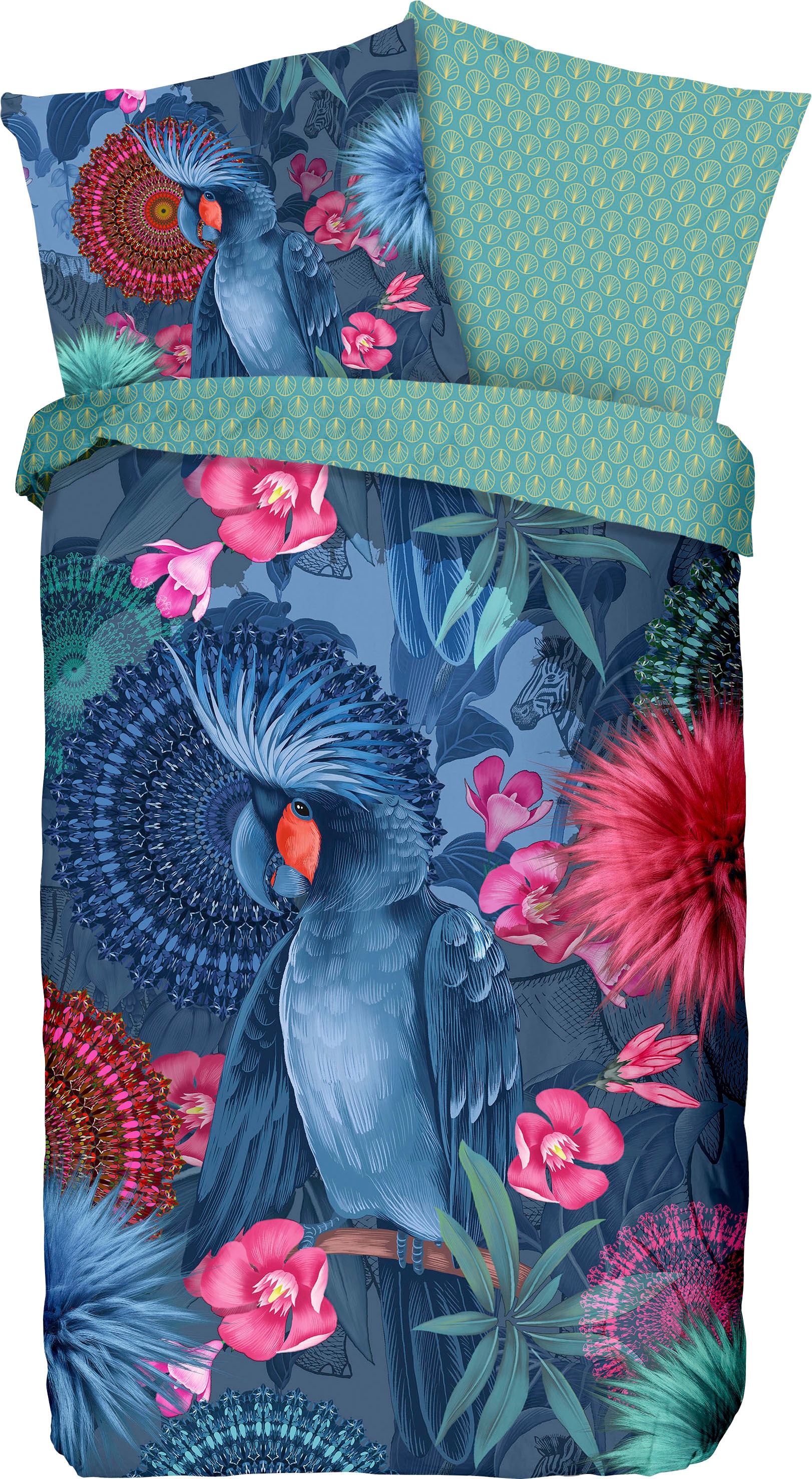 hip Wendebettwäsche »Ofelia«, Mako-Satin, 135x200, Reißverschluss, Wendeoptik, Mandala Papagei, Blau