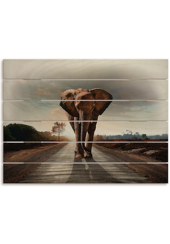 Holzbild »Ein Elefant läuft auf der Straße«, Elefanten Bilder, (1 St.)