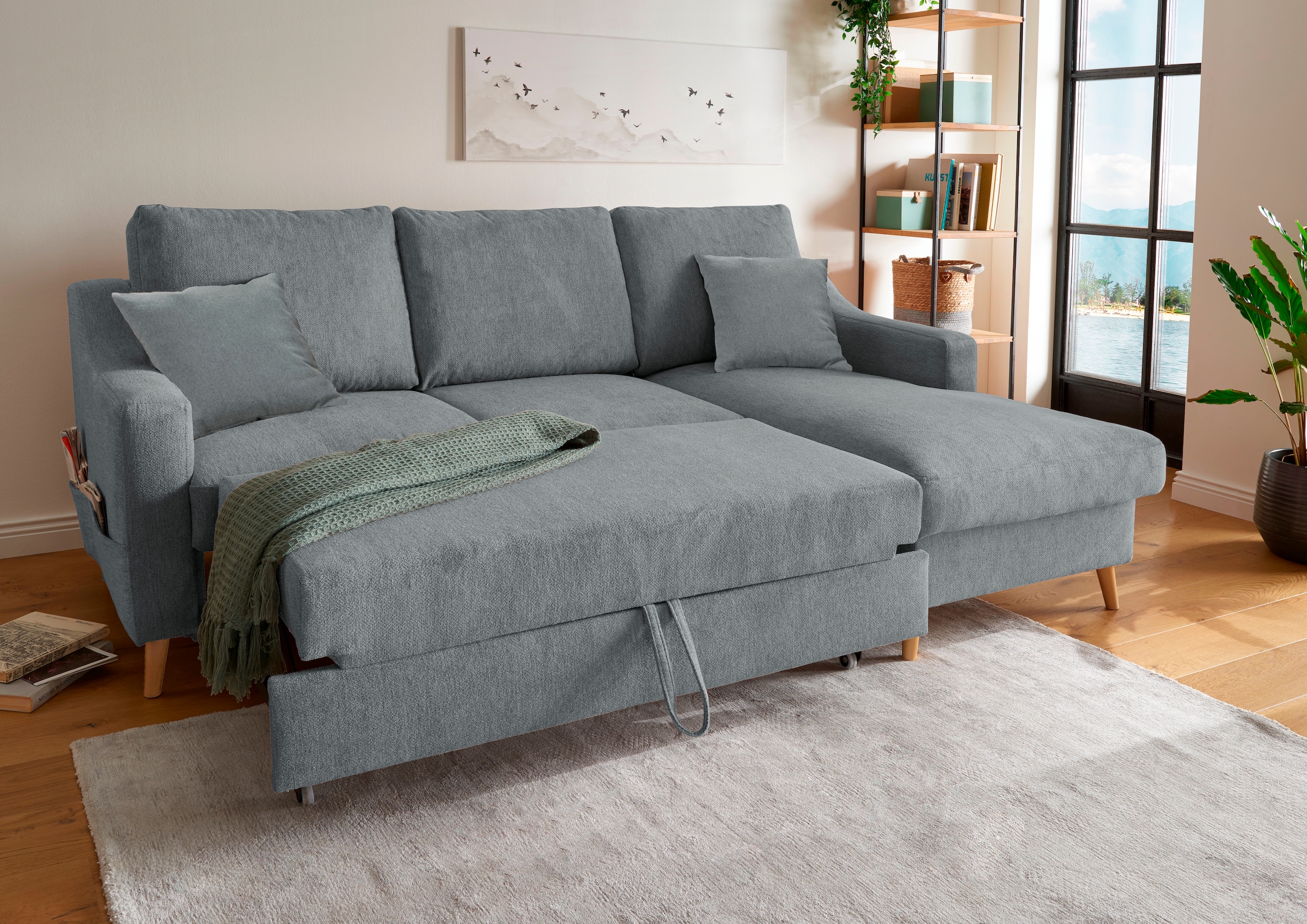 INOSIGN Ecksofa »Valentina L-Form« 2 Zierkissen, mit Seitentasche, ausziehbarer Liegefläche, Bettkasten