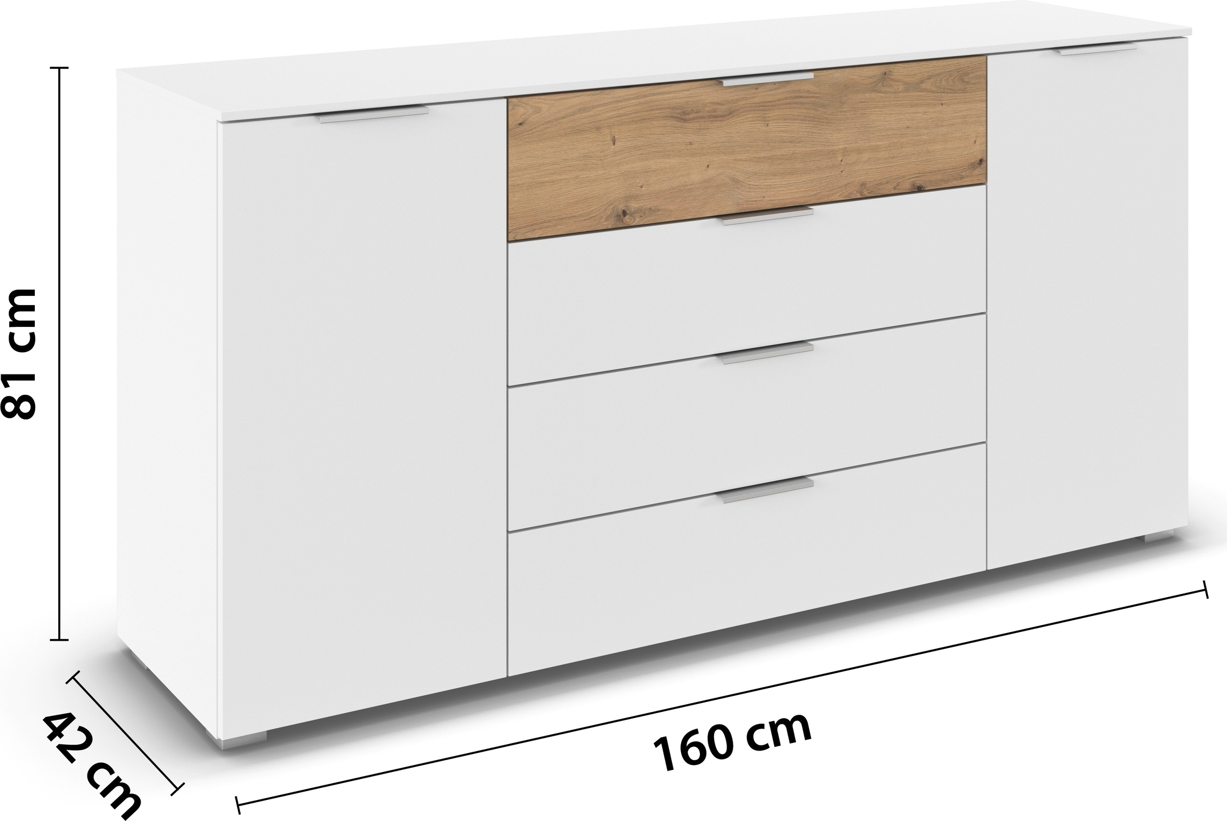 OTTO home Kombikommode »Kommode Sideboard Schubladenkommode Schlafzimmerkommode ASTANA« Breite 160 cm / Höhe 81 cm, mit 4 Einlegeböden,  2-türig, 4 geräumige Schubladen, Kantengriff Alufarben MADE IN GERMANY