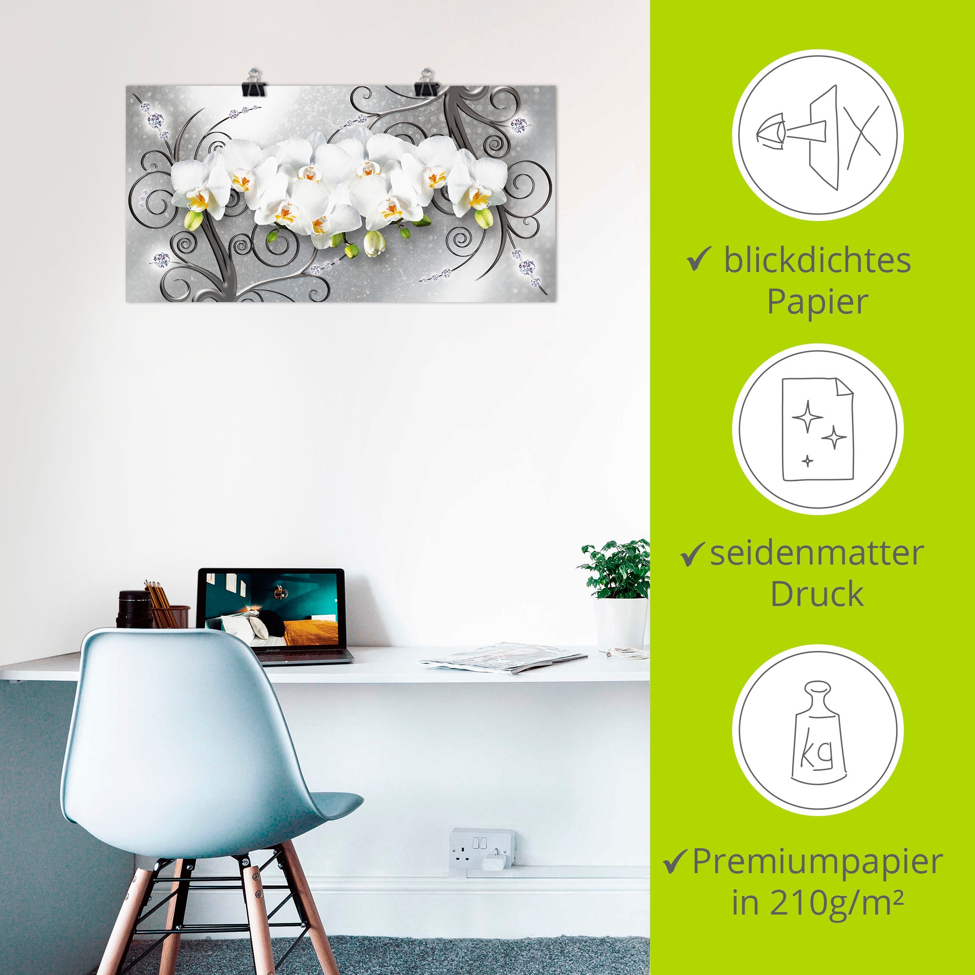 Artland Wandbild »weiße Orchideen auf Ornamenten«, Blumenbilder, (1 St.), als Alubild, Outdoorbild, Leinwandbild, Poster, Wandaufkleber