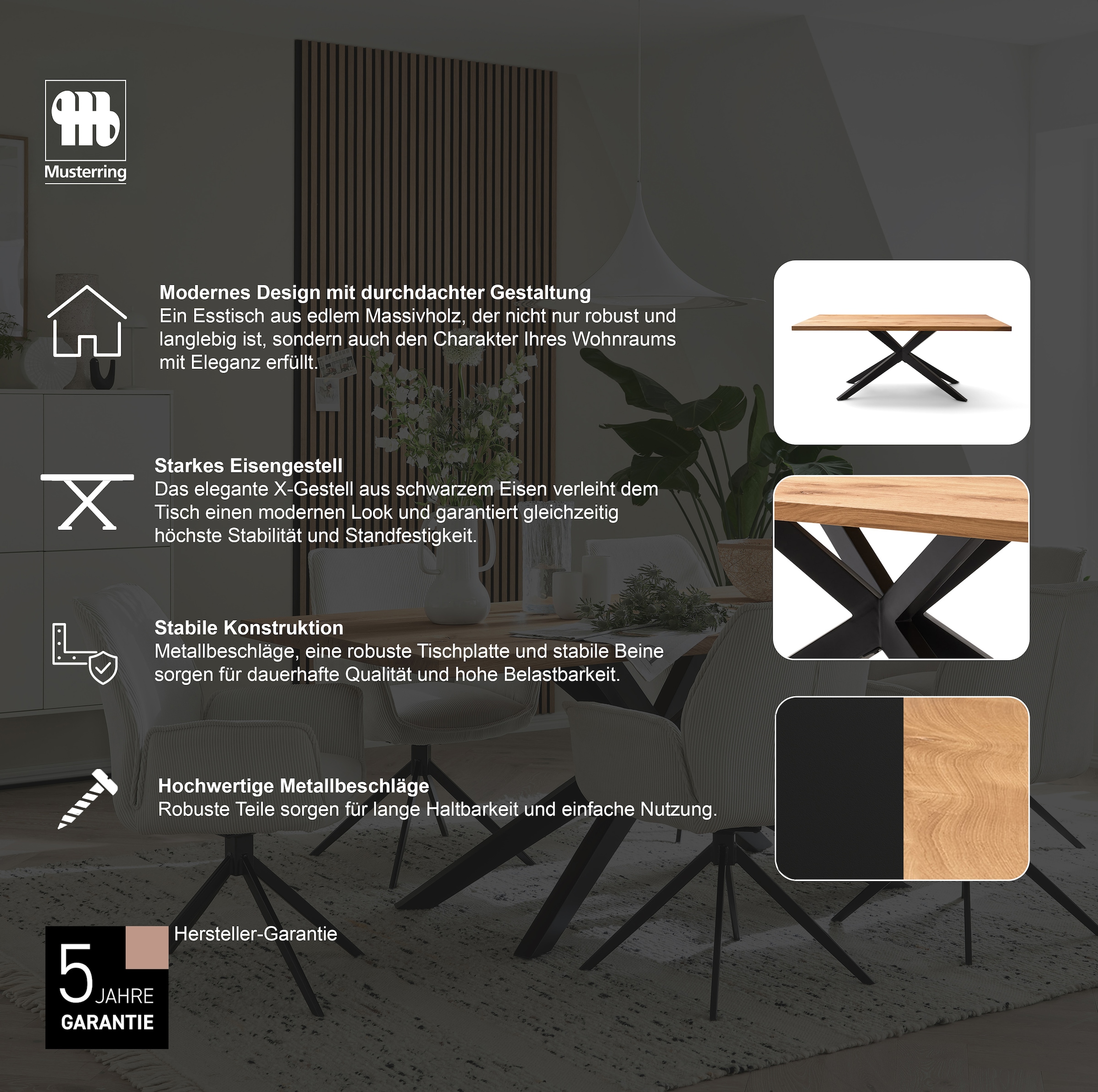 Musterring Esstisch »Tiama« mit fester Platte in Barock-Eiche massiv, 40mm, Eisengestell schwarz